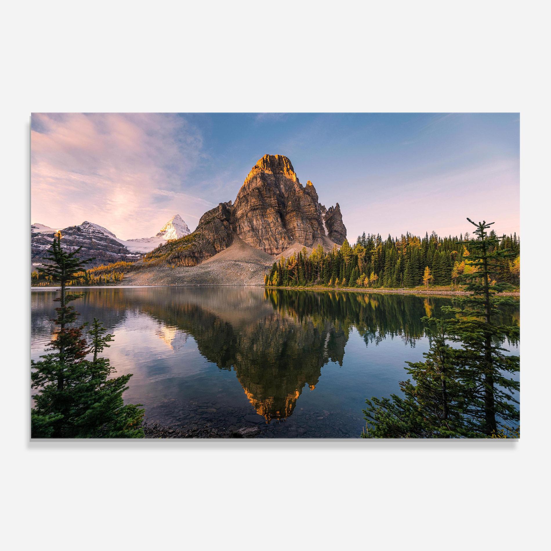 Glasbild Mountain Sunrise Lake mockup 0