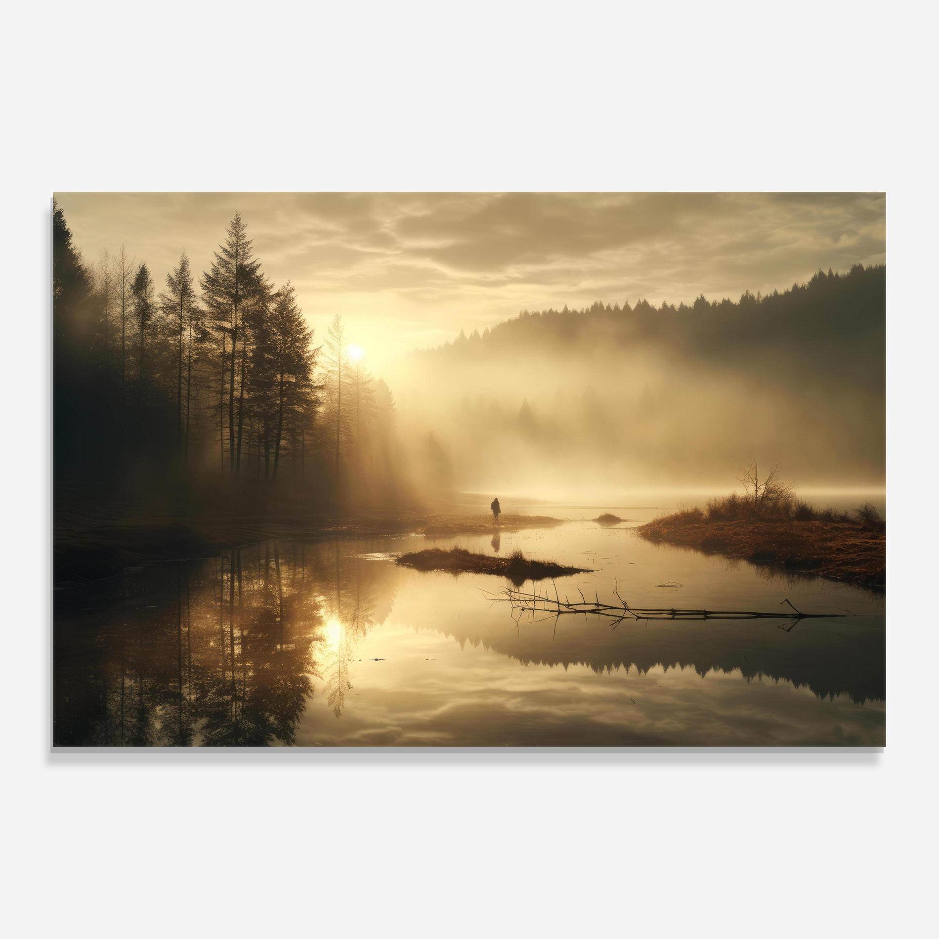Glasbild The Sun Is Rising Over A River In A Foggy Forest mockup 0