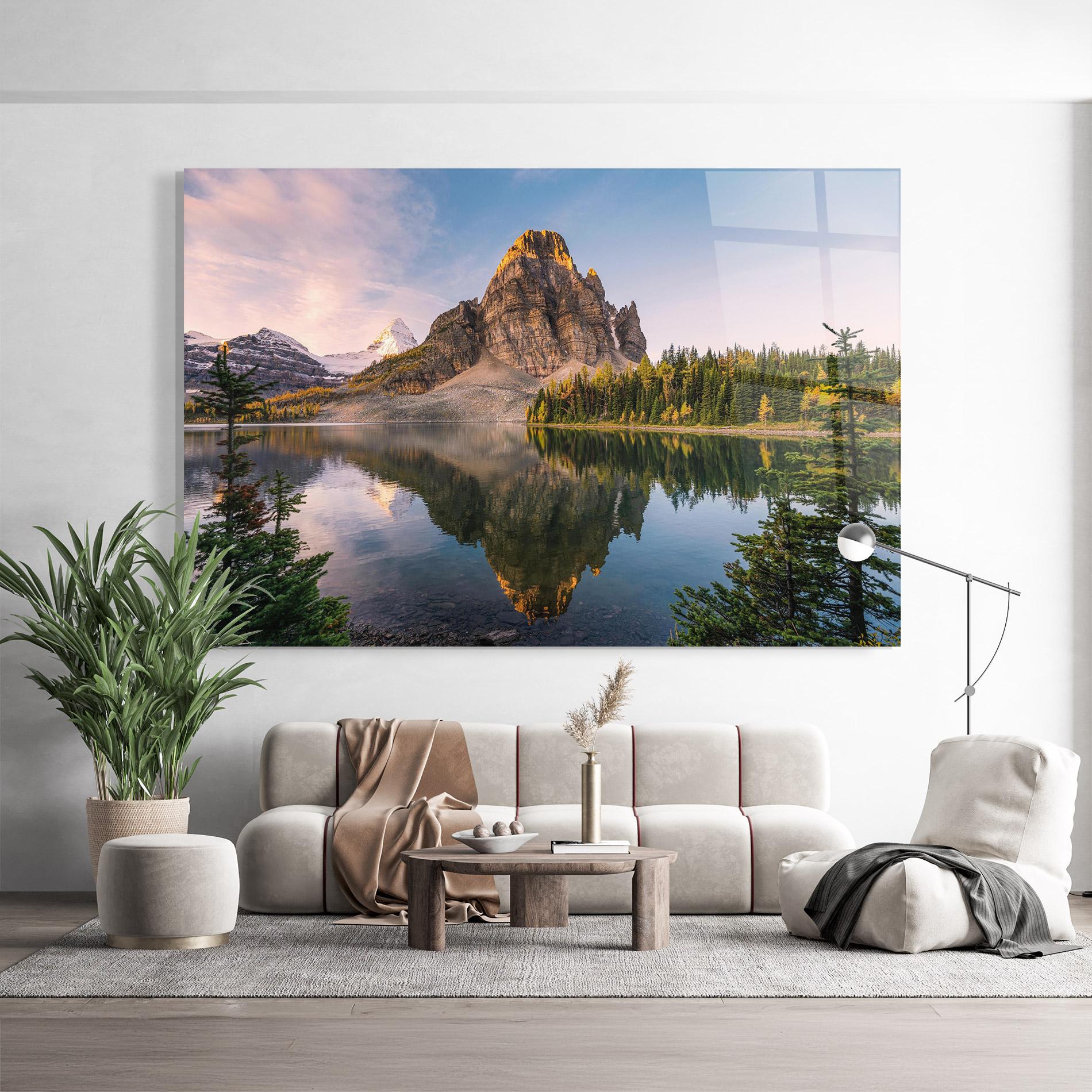 Glasbild Mountain Sunrise Lake mockup 9