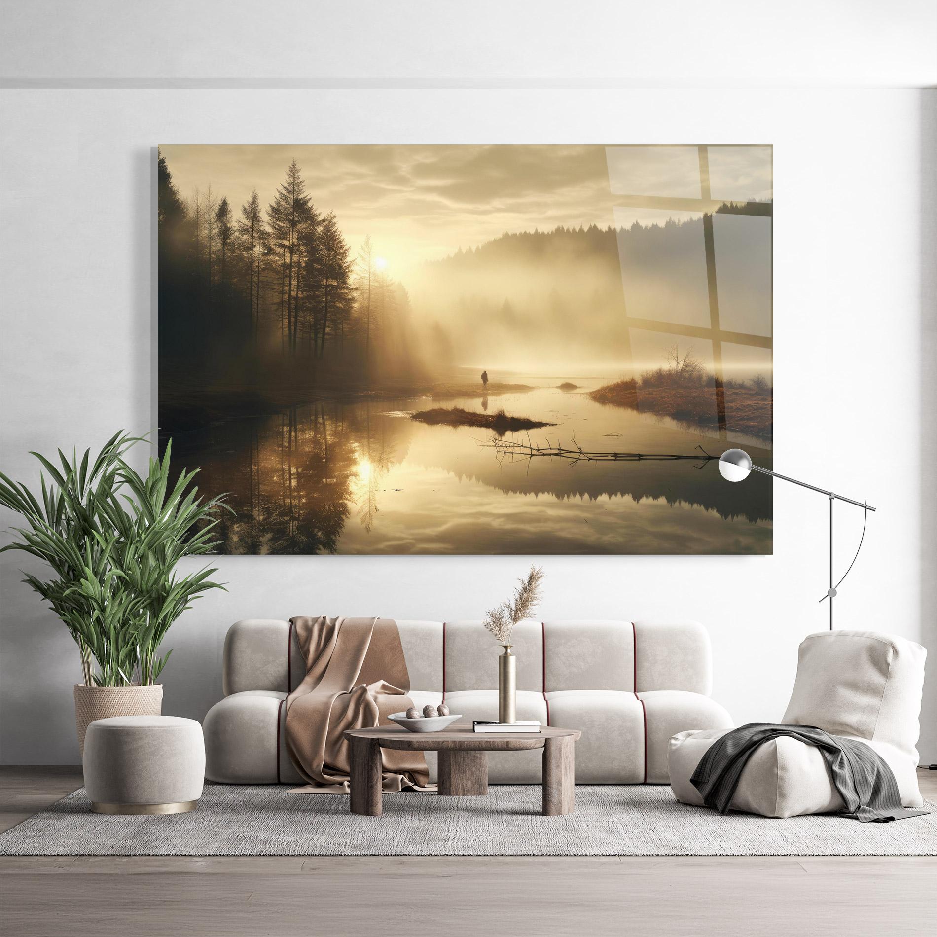 Glasbild The Sun Is Rising Over A River In A Foggy Forest mockup 9