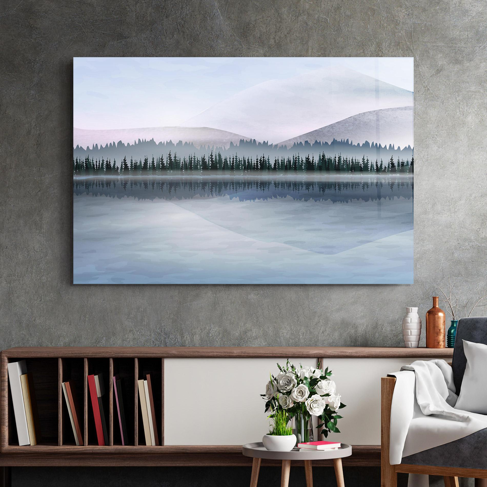 Glasbild Grey Lake Trees mockup 2