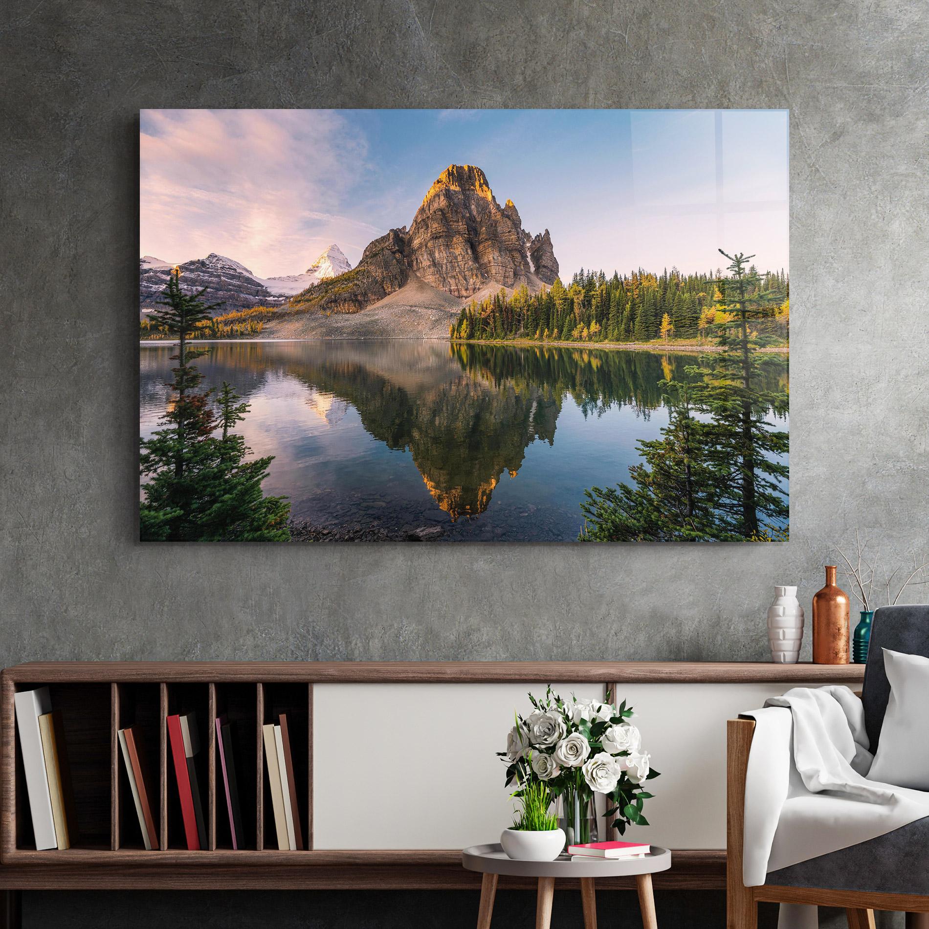 Glasbild Mountain Sunrise Lake mockup 2