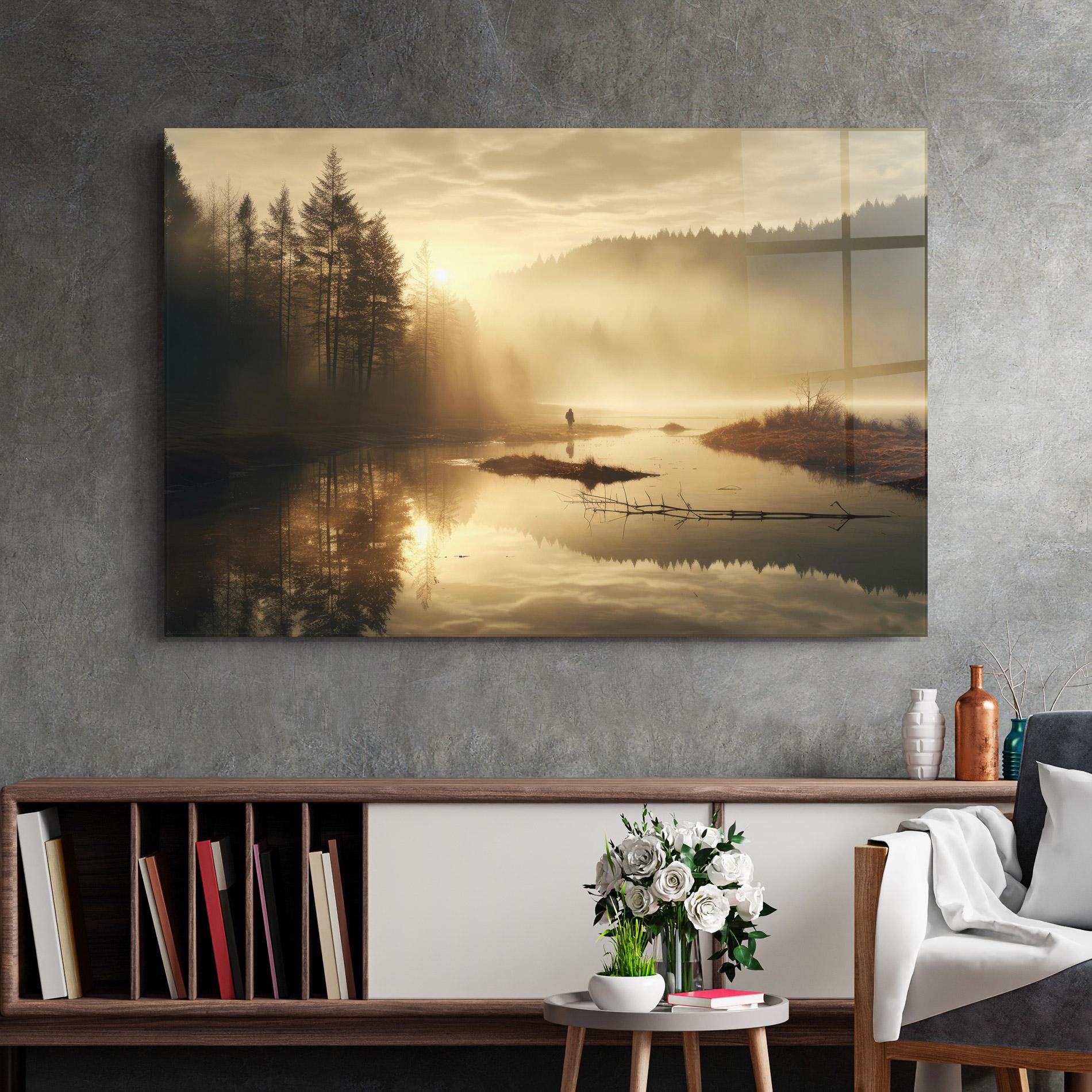 Glasbild The Sun Is Rising Over A River In A Foggy Forest mockup 2