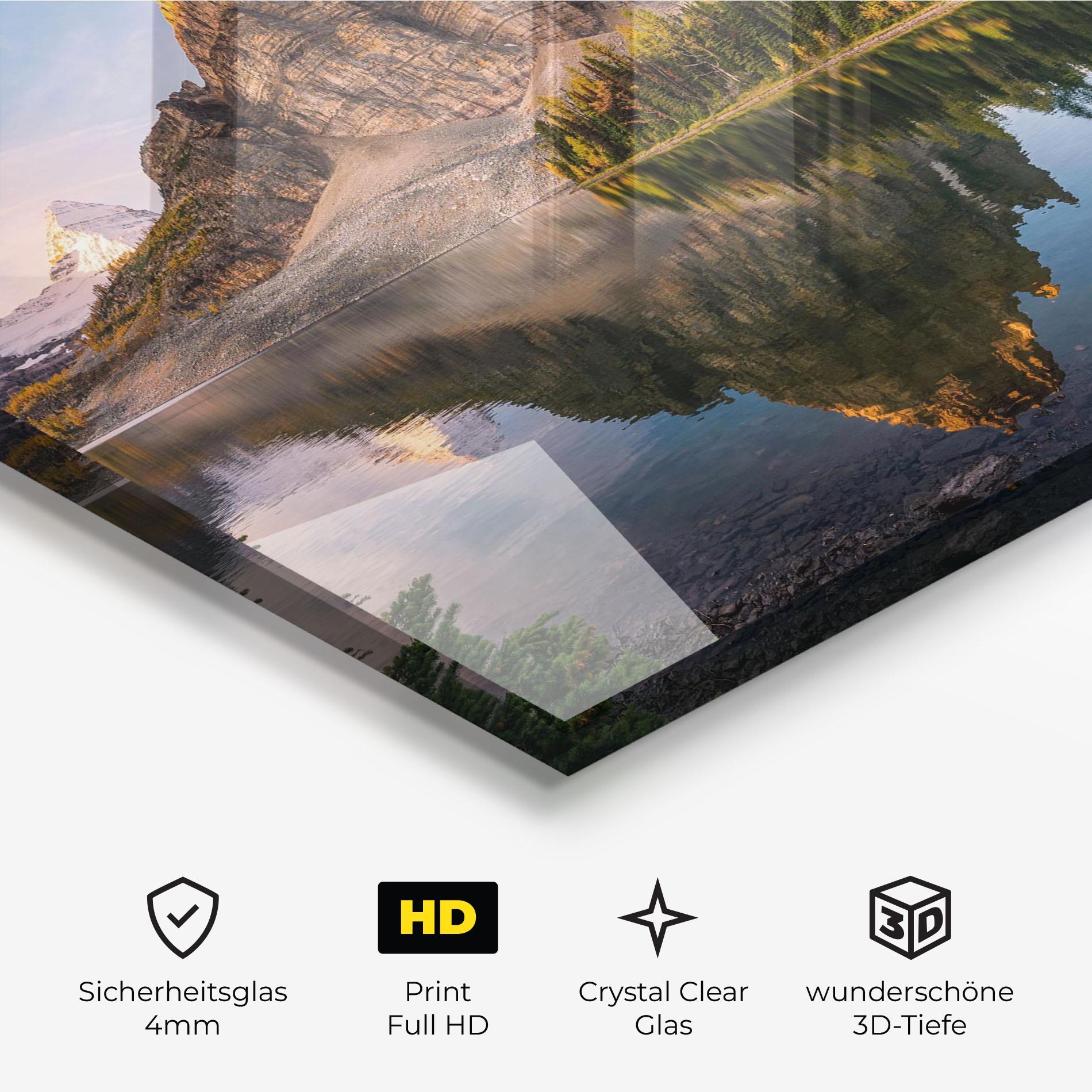 Glasbild Mountain Sunrise Lake mockup 3