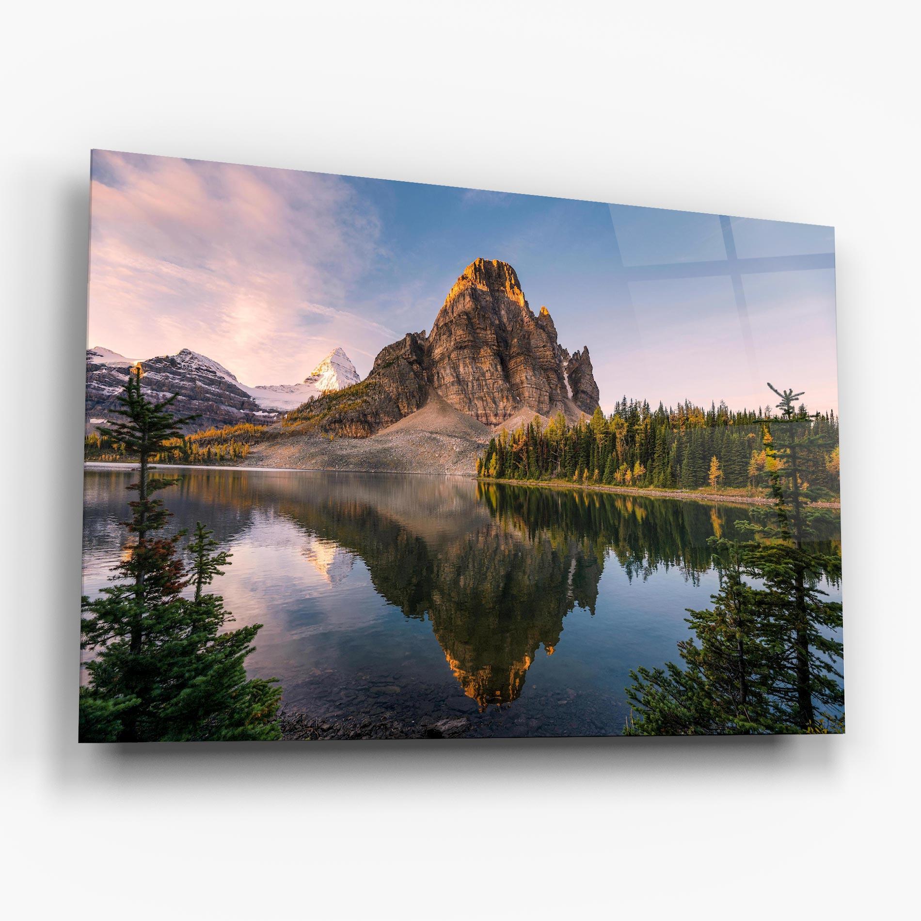 Glasbild Mountain Sunrise Lake mockup 6