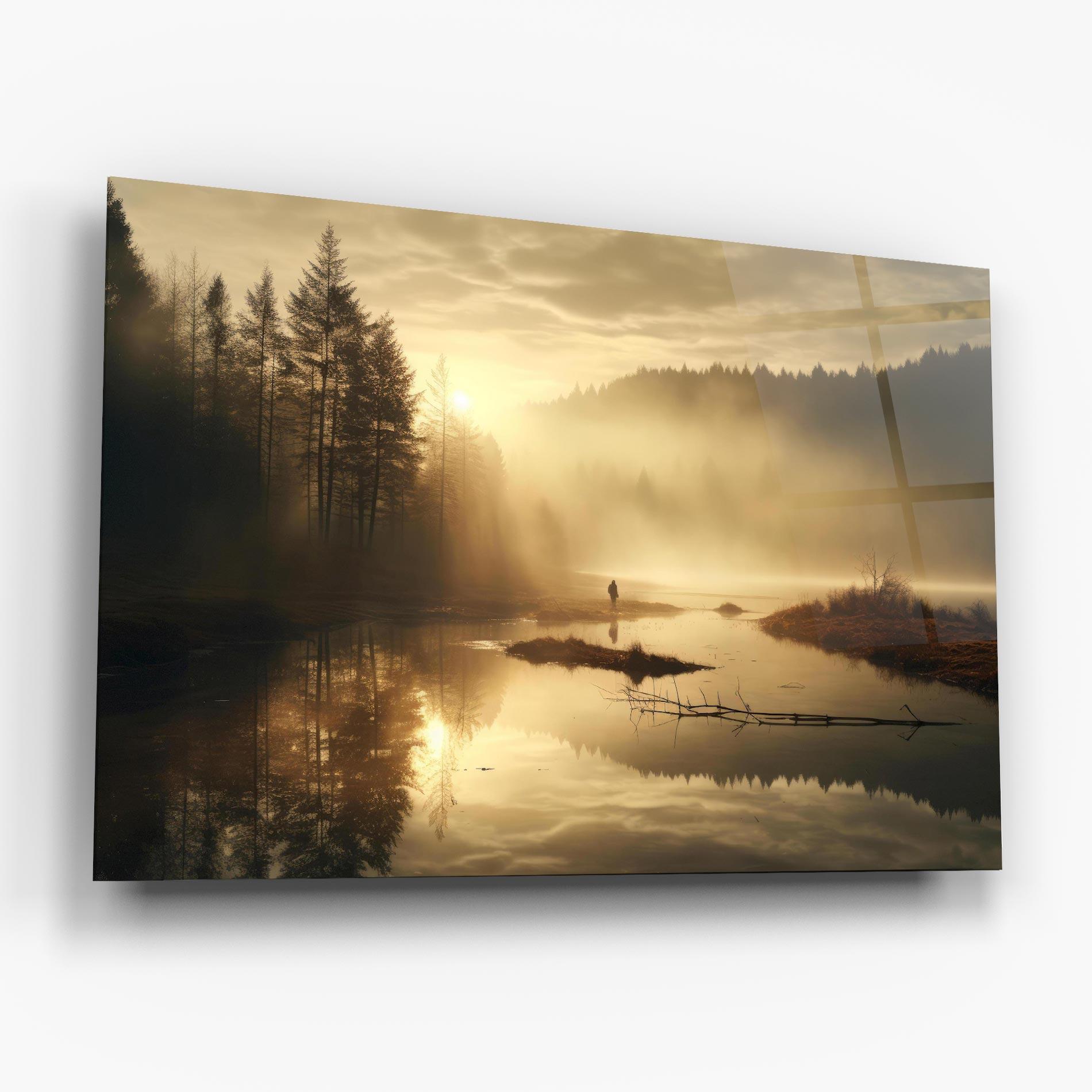 Glasbild The Sun Is Rising Over A River In A Foggy Forest mockup 6