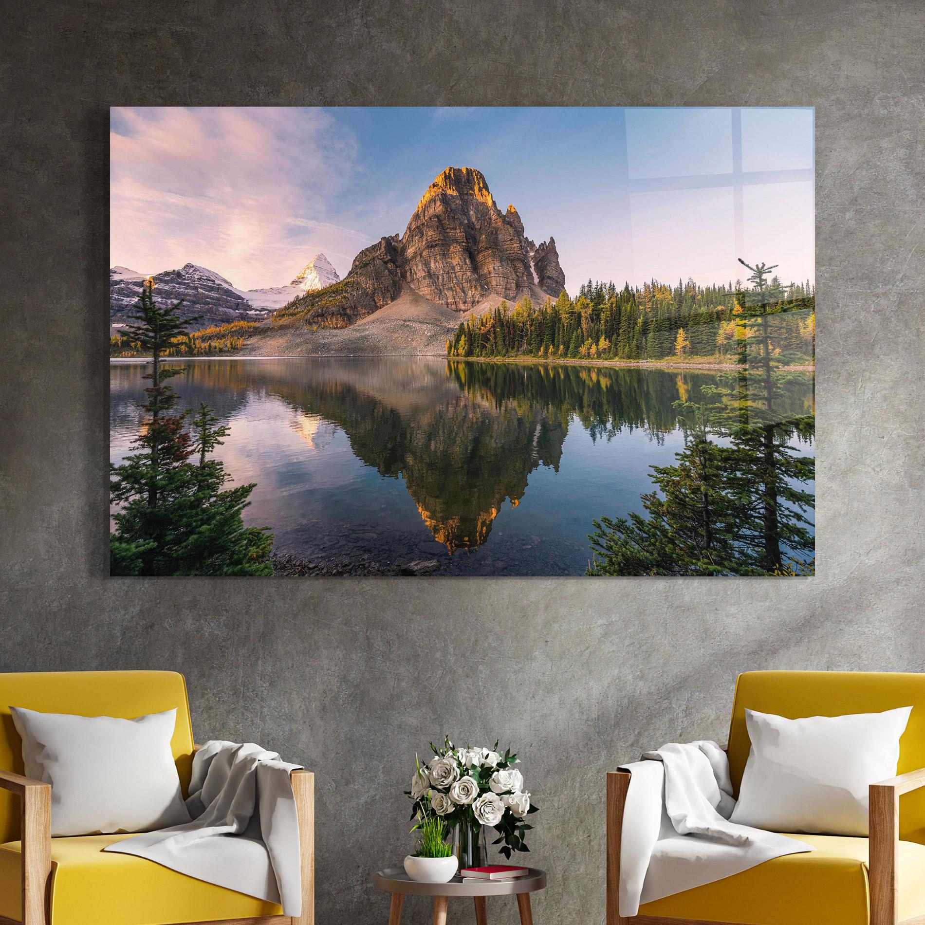 Glasbild Mountain Sunrise Lake mockup 4