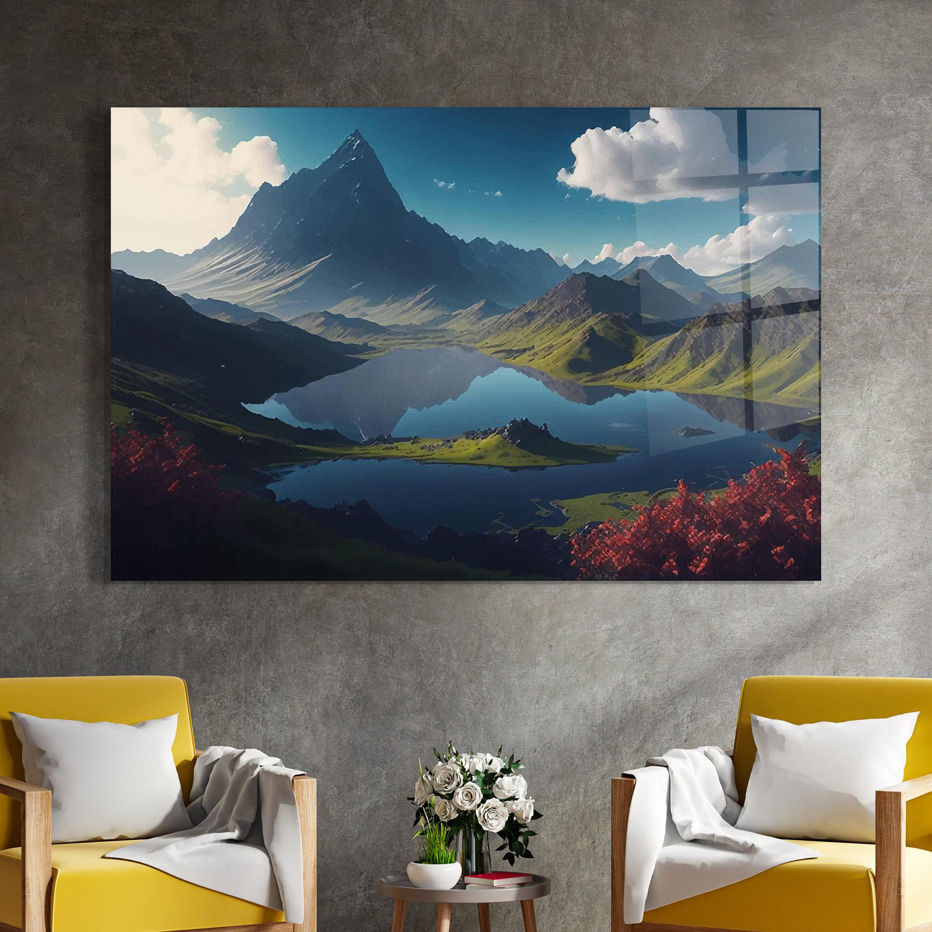 Glasbild Red Flower Lake mockup 4