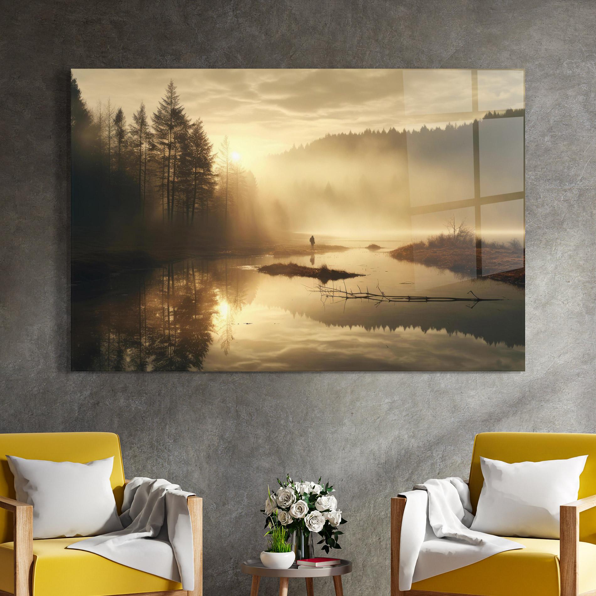 Glasbild The Sun Is Rising Over A River In A Foggy Forest mockup 4