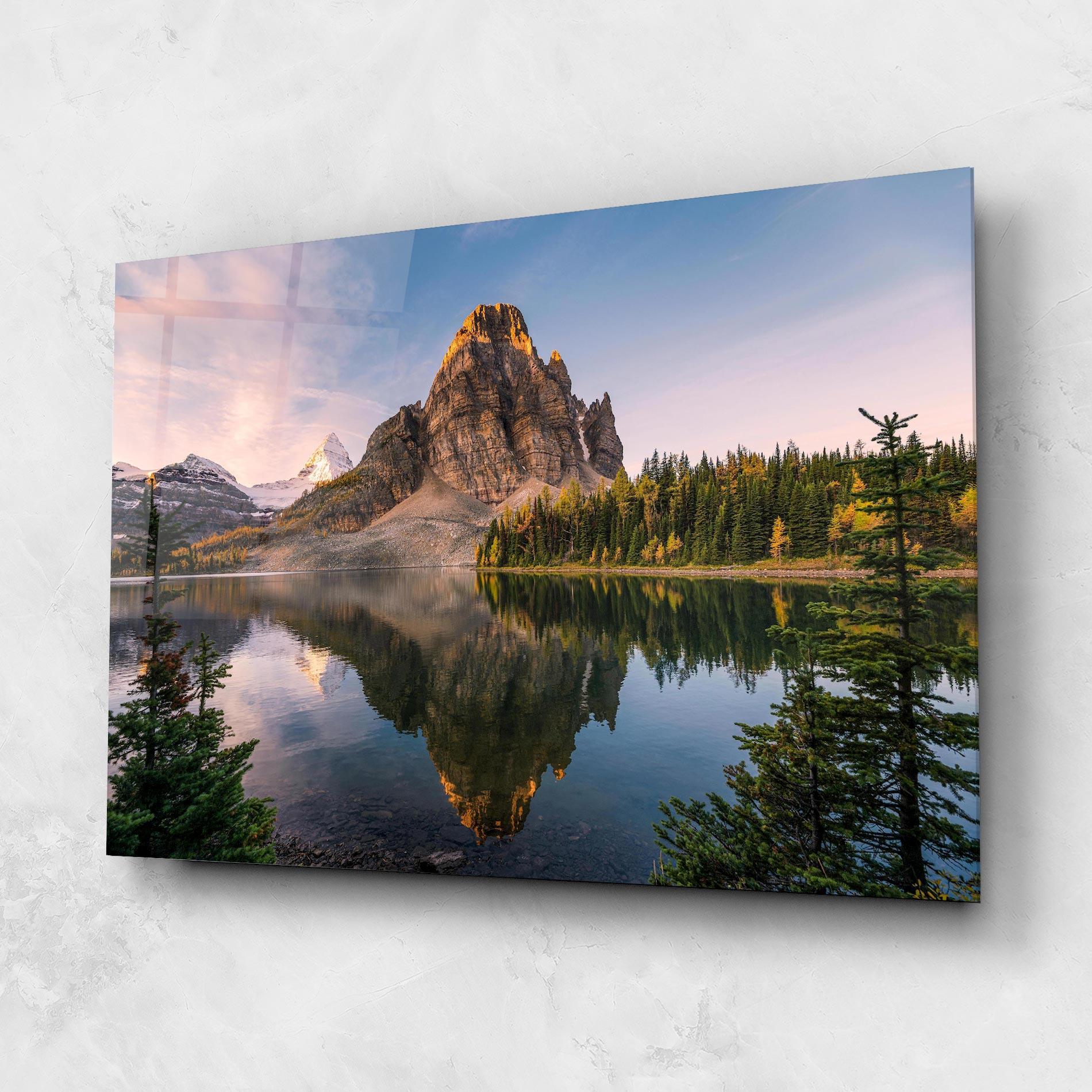 Glasbild Mountain Sunrise Lake mockup 1