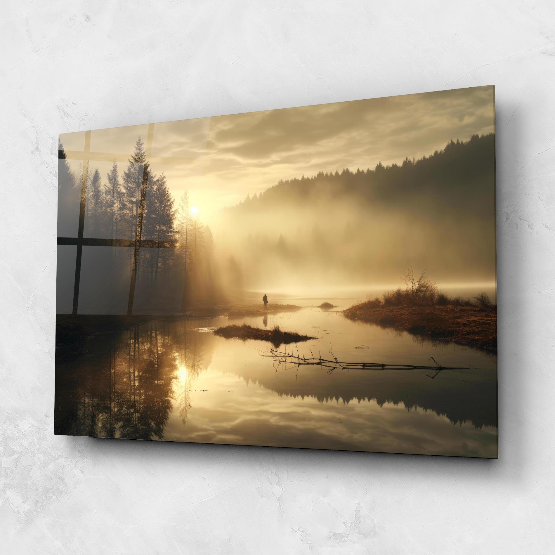 Glasbild The Sun Is Rising Over A River In A Foggy Forest mockup 1