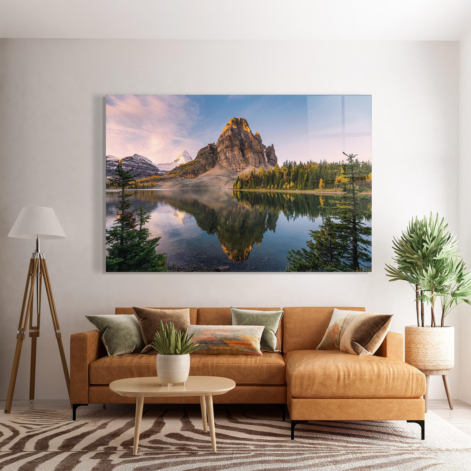 Glasbild Mountain Sunrise Lake mockup 7