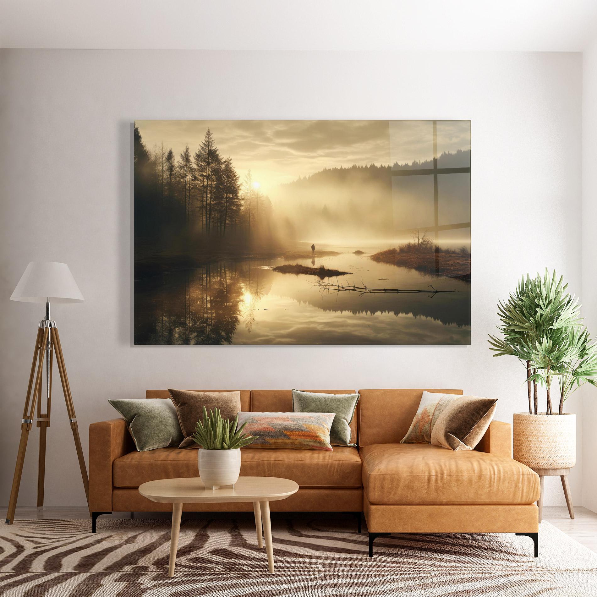 Glasbild The Sun Is Rising Over A River In A Foggy Forest mockup 7