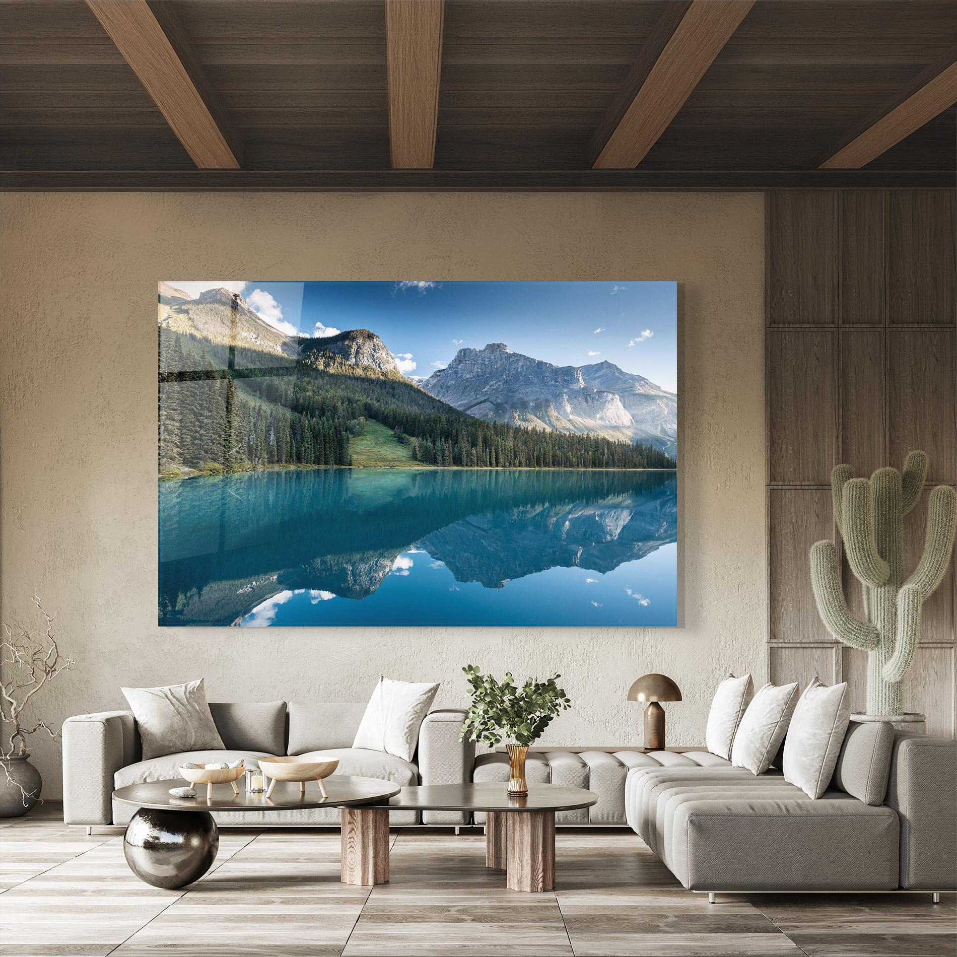 Glasbild Beautiful Emerald Lake mockup 8