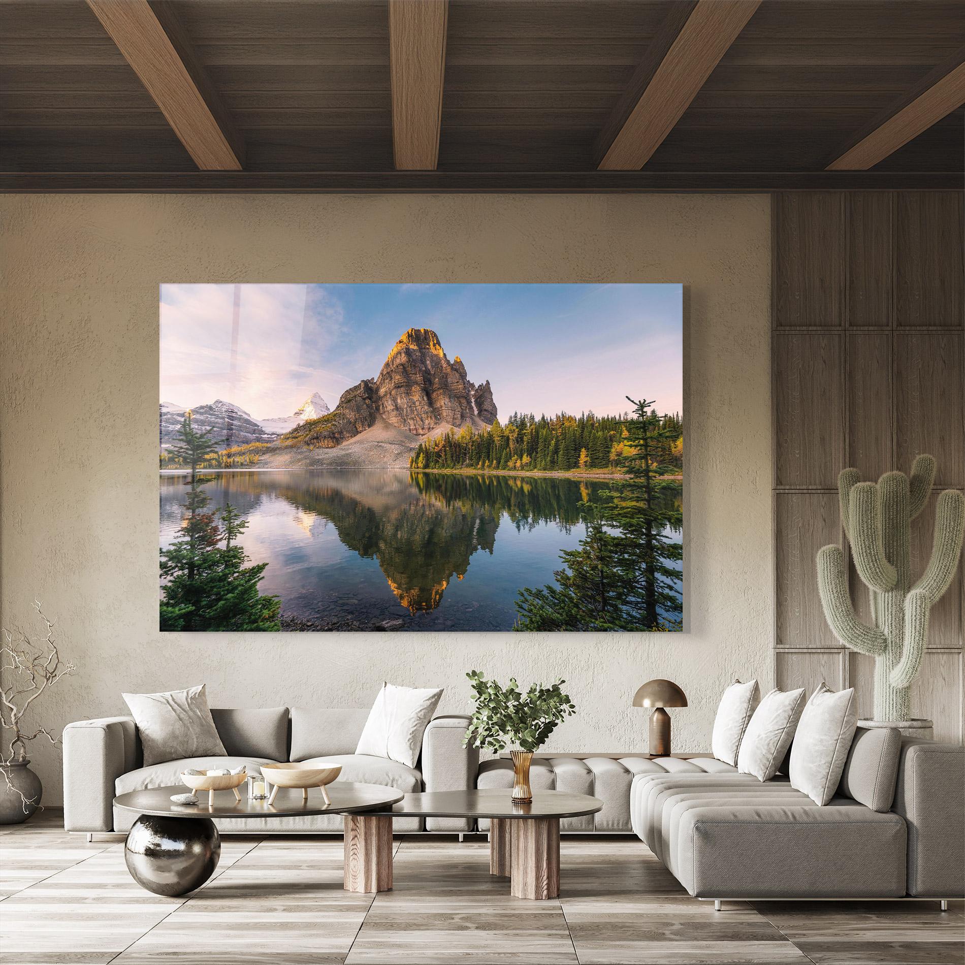 Glasbild Mountain Sunrise Lake mockup 8