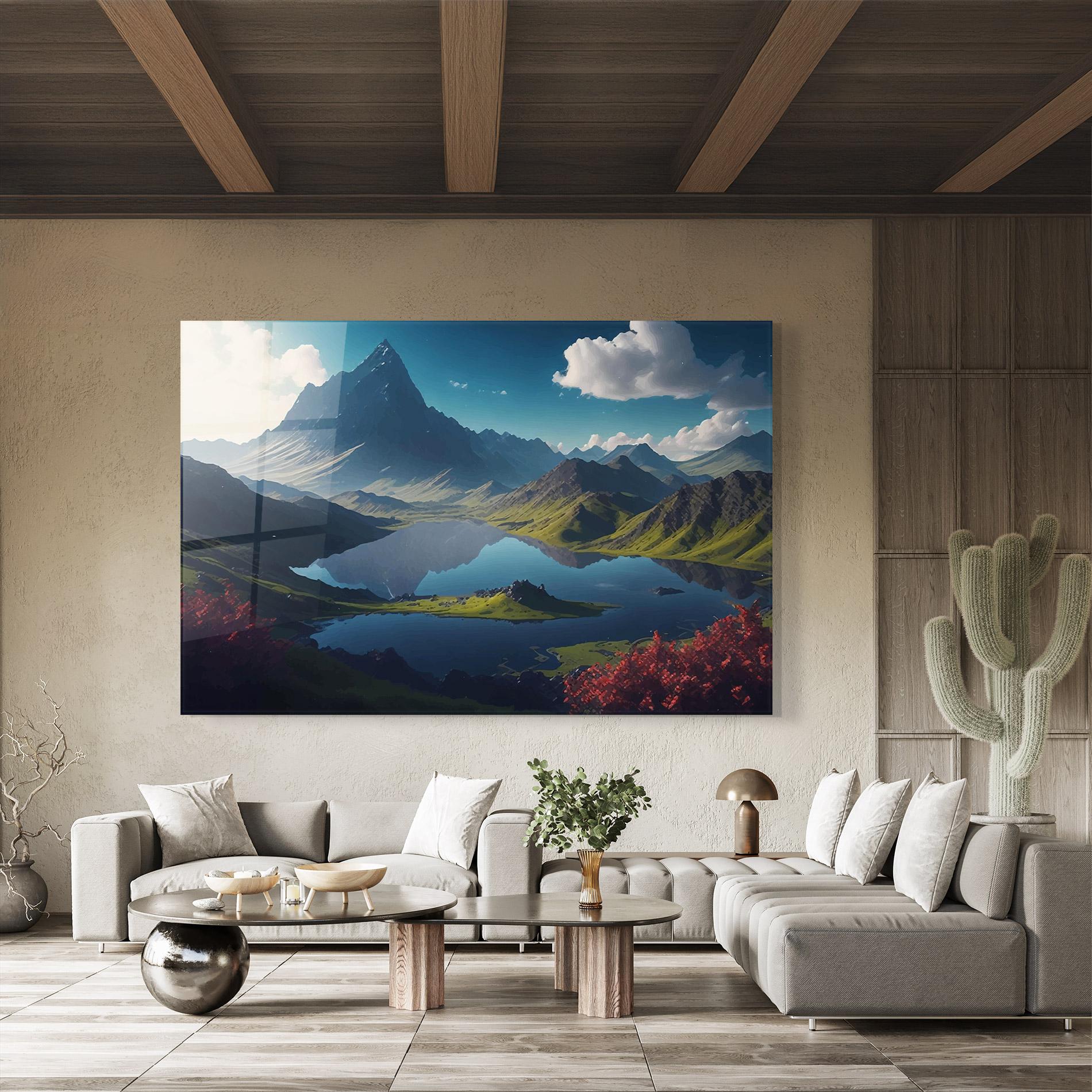 Glasbild Red Flower Lake mockup 8