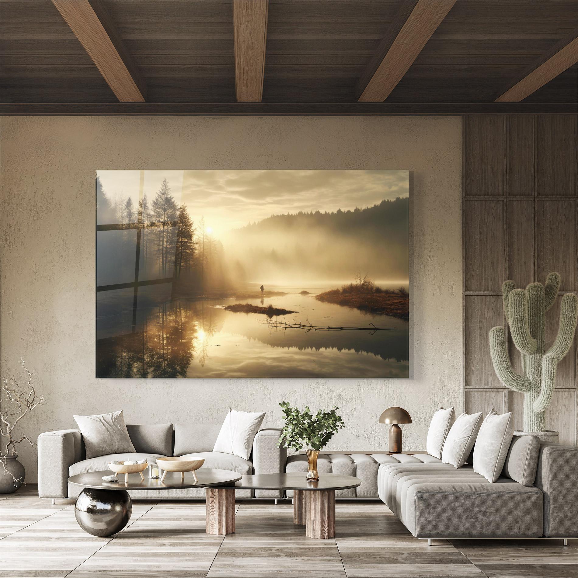Glasbild The Sun Is Rising Over A River In A Foggy Forest mockup 8