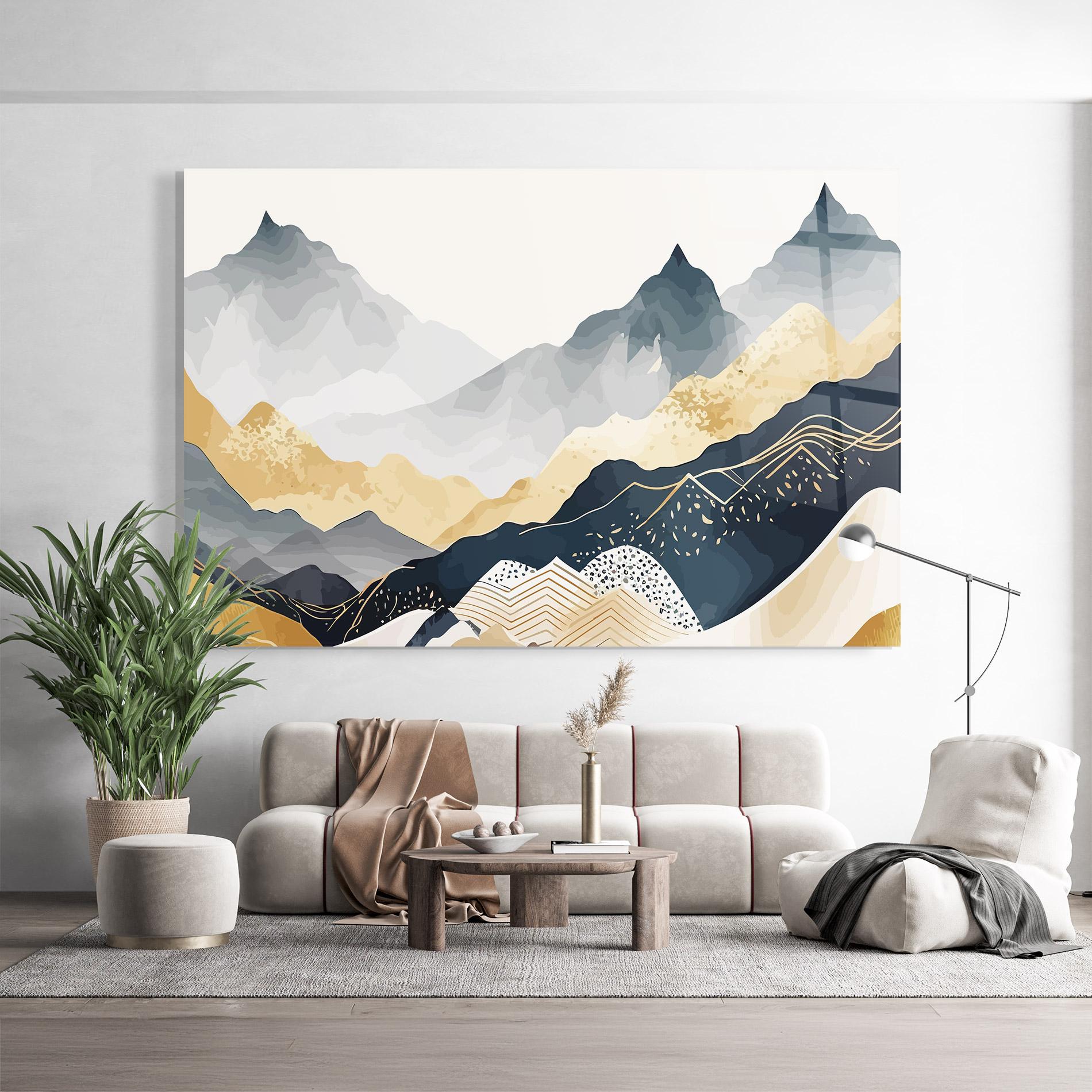 Glasbild Blue Gold Mountain mockup 9