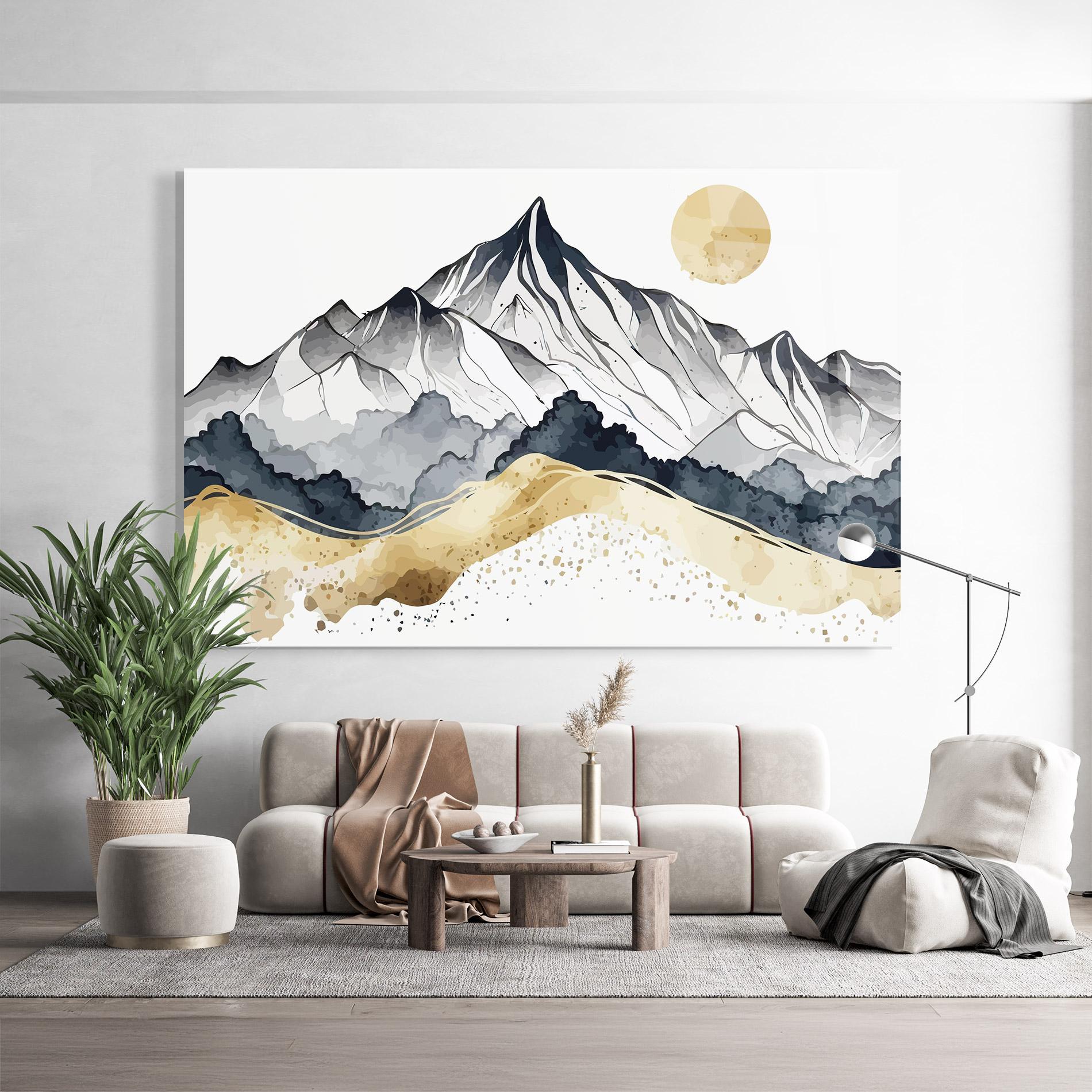 Glasbild Grey Gold Mountain mockup 9