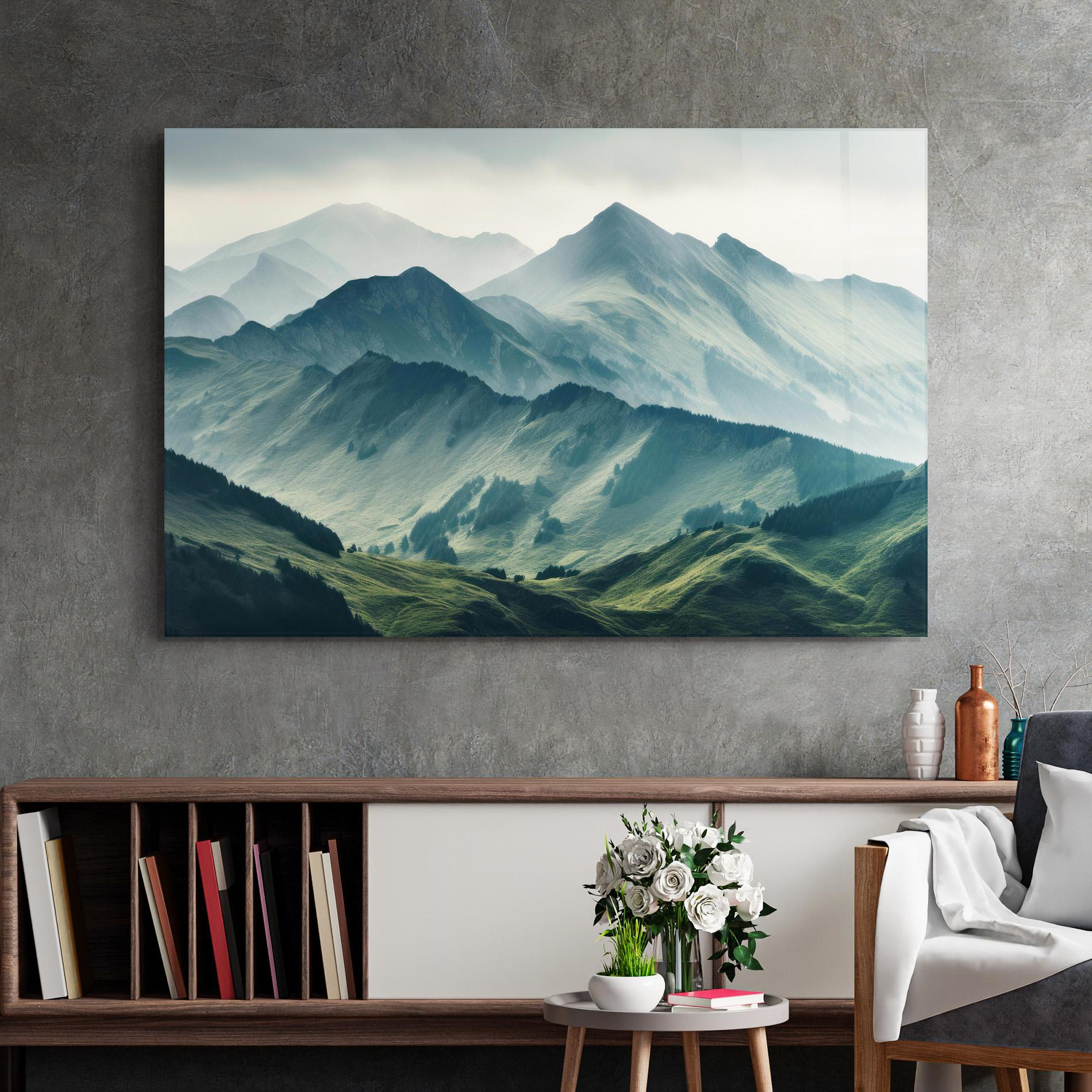 Glasbild Amazing Foggy Mountain mockup 2