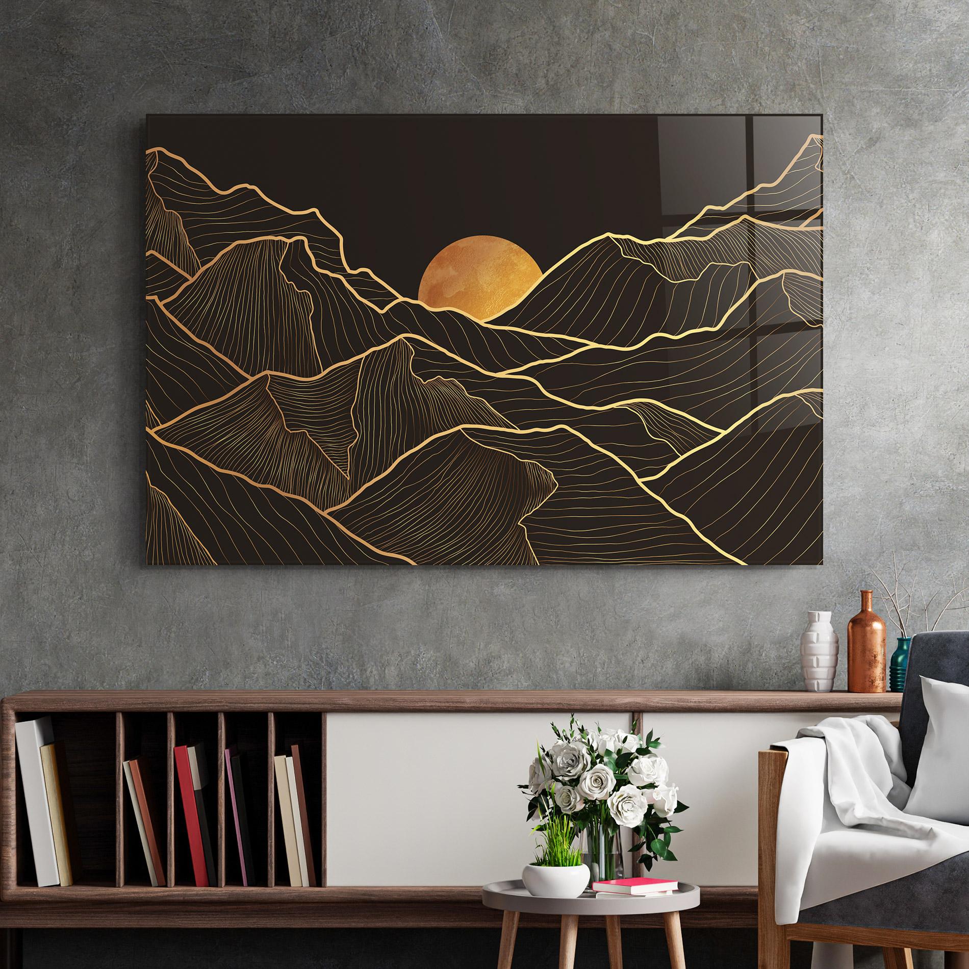 Glasbild Black Gold Mountains mockup 2