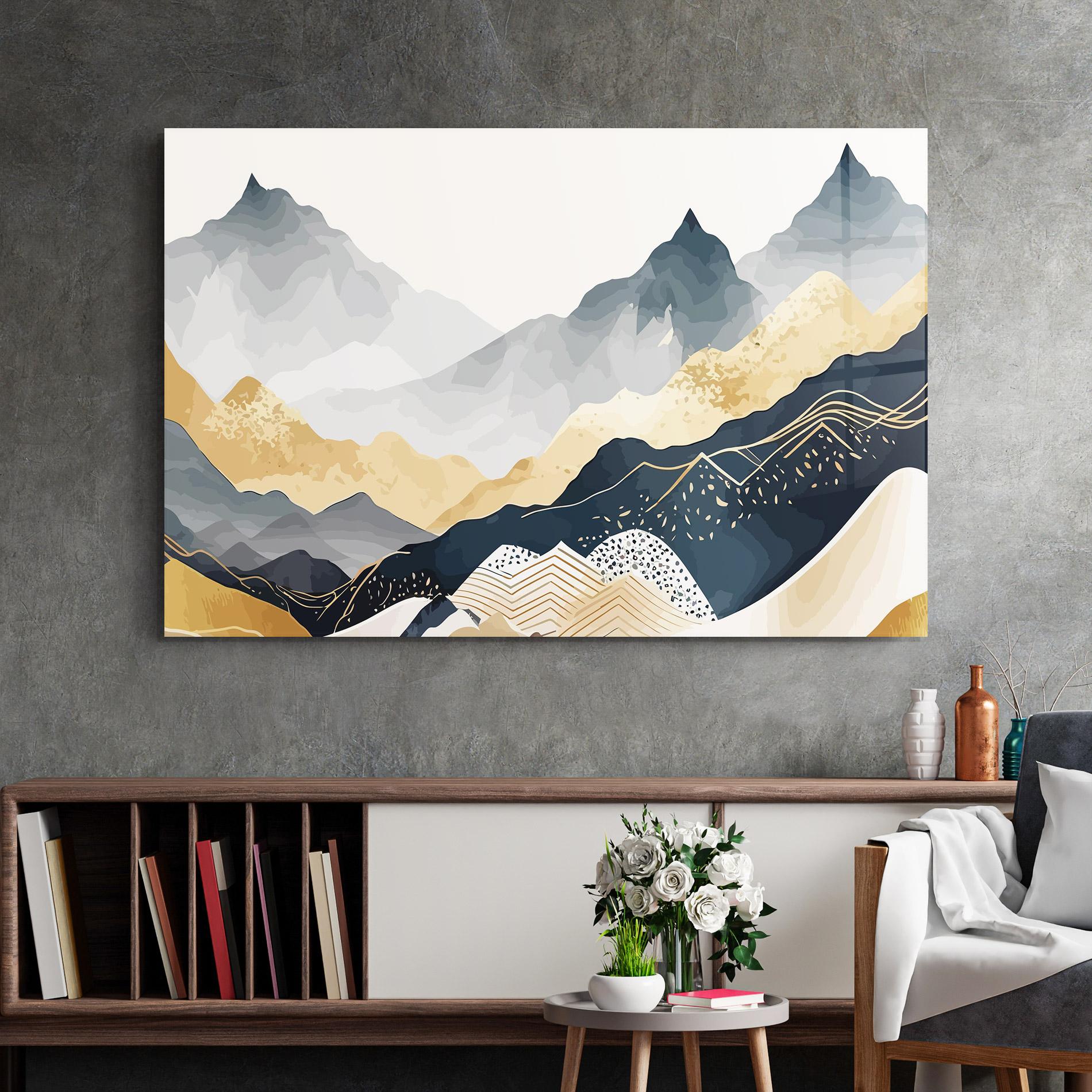 Glasbild Blue Gold Mountain mockup 2