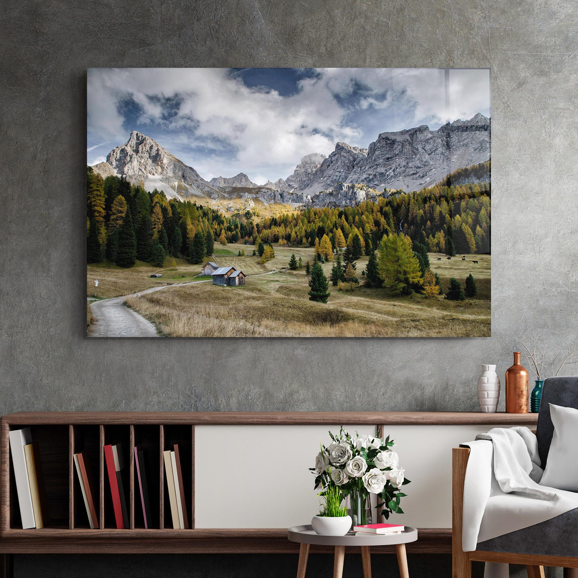 Glasbild Cloudy Mountains View mockup 2