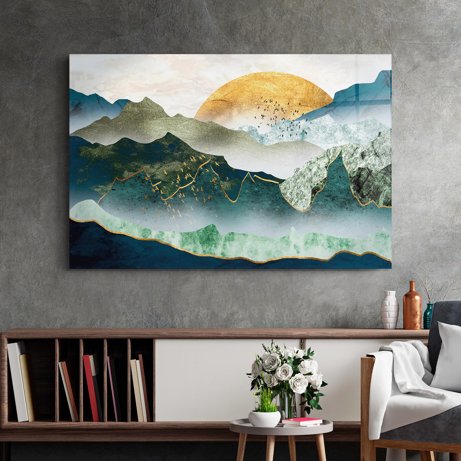 Glasbild Golden Mountains mockup 2