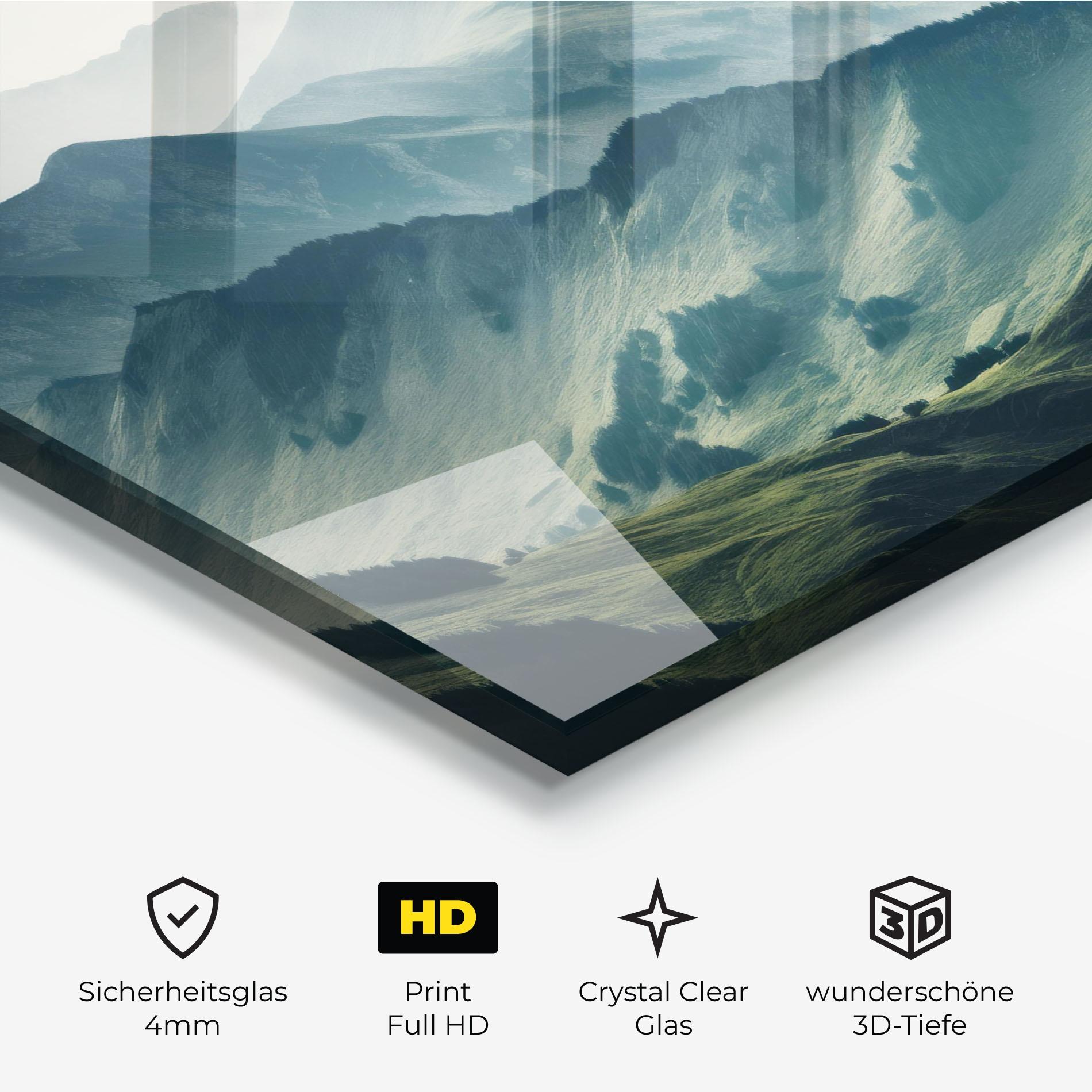 Glasbild Amazing Foggy Mountain mockup 3