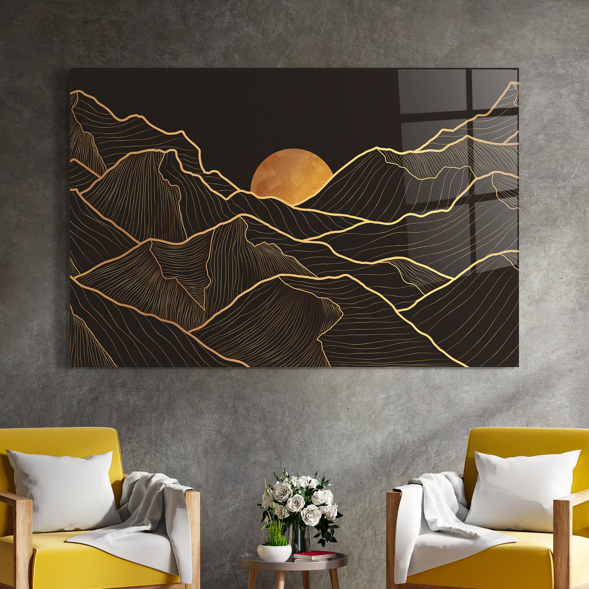 Glasbild Black Gold Mountains mockup 4