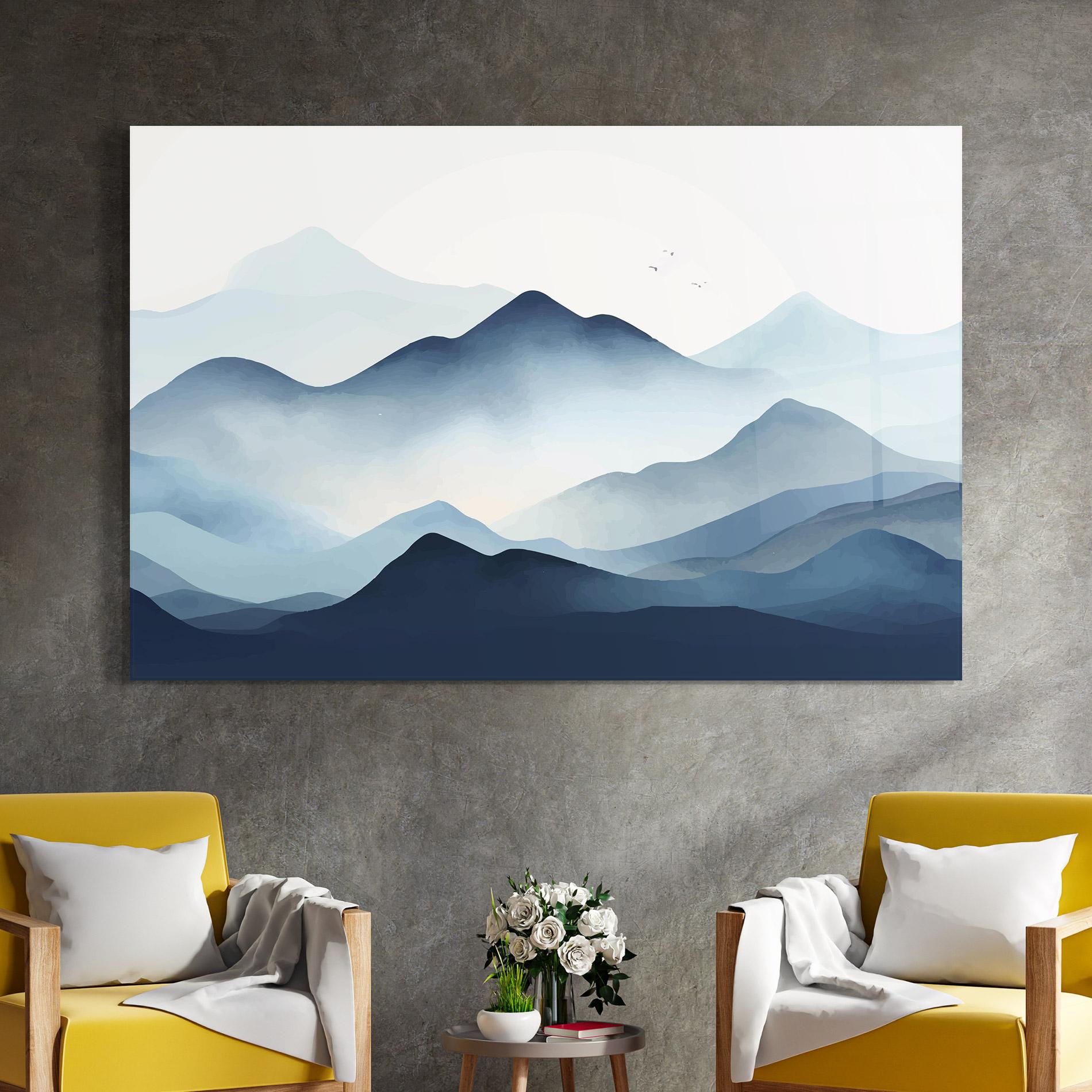 Glasbild Blue Foggy Mountain mockup 4