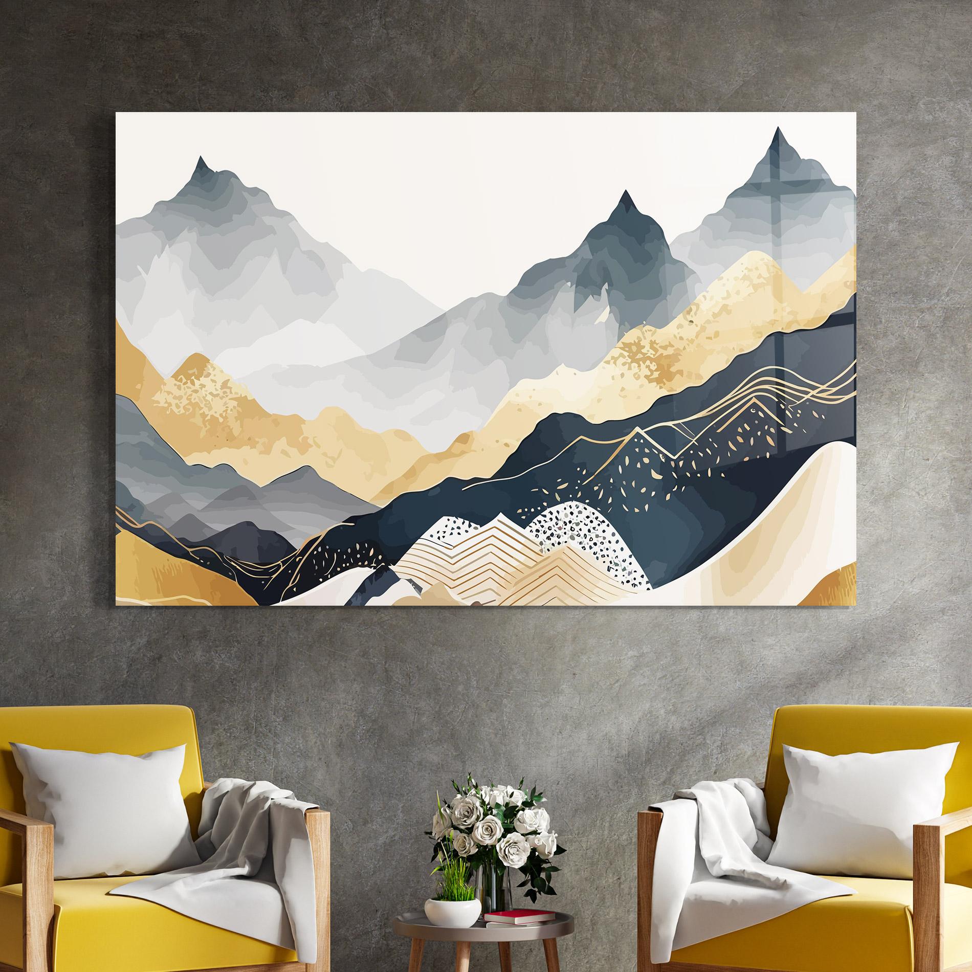 Glasbild Blue Gold Mountain mockup 4
