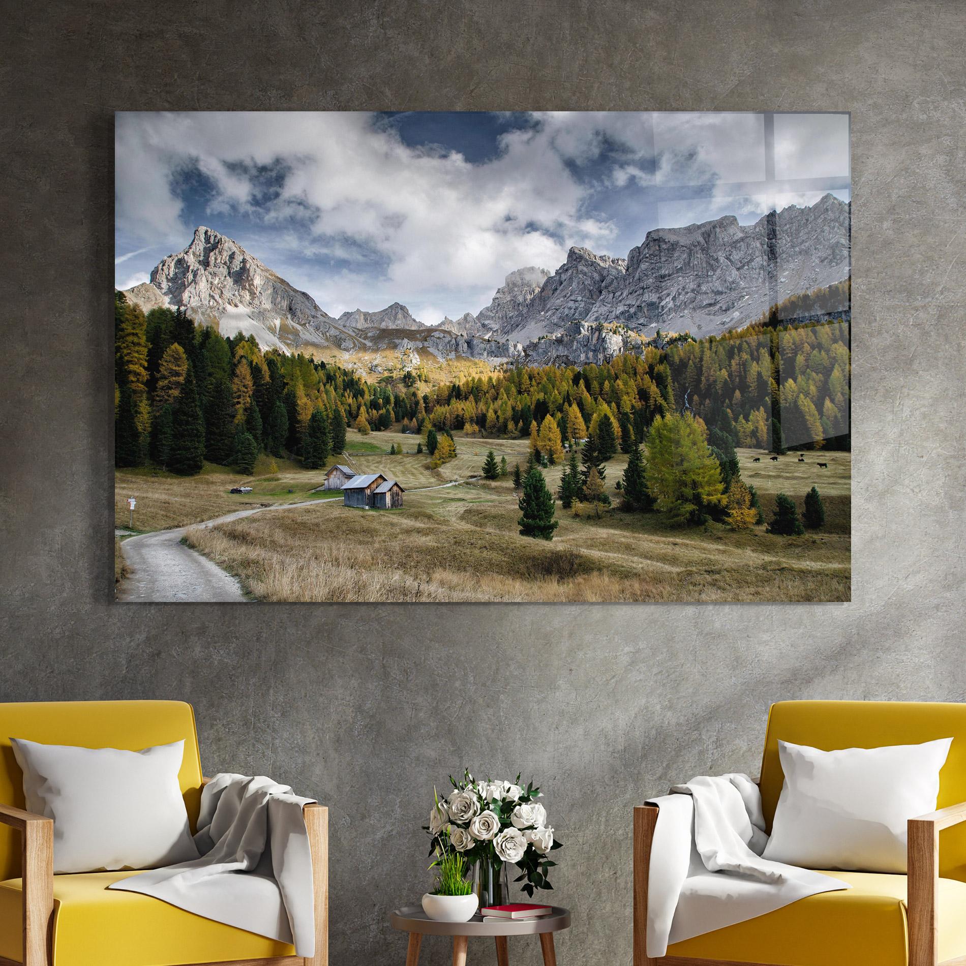 Glasbild Cloudy Mountains View mockup 4