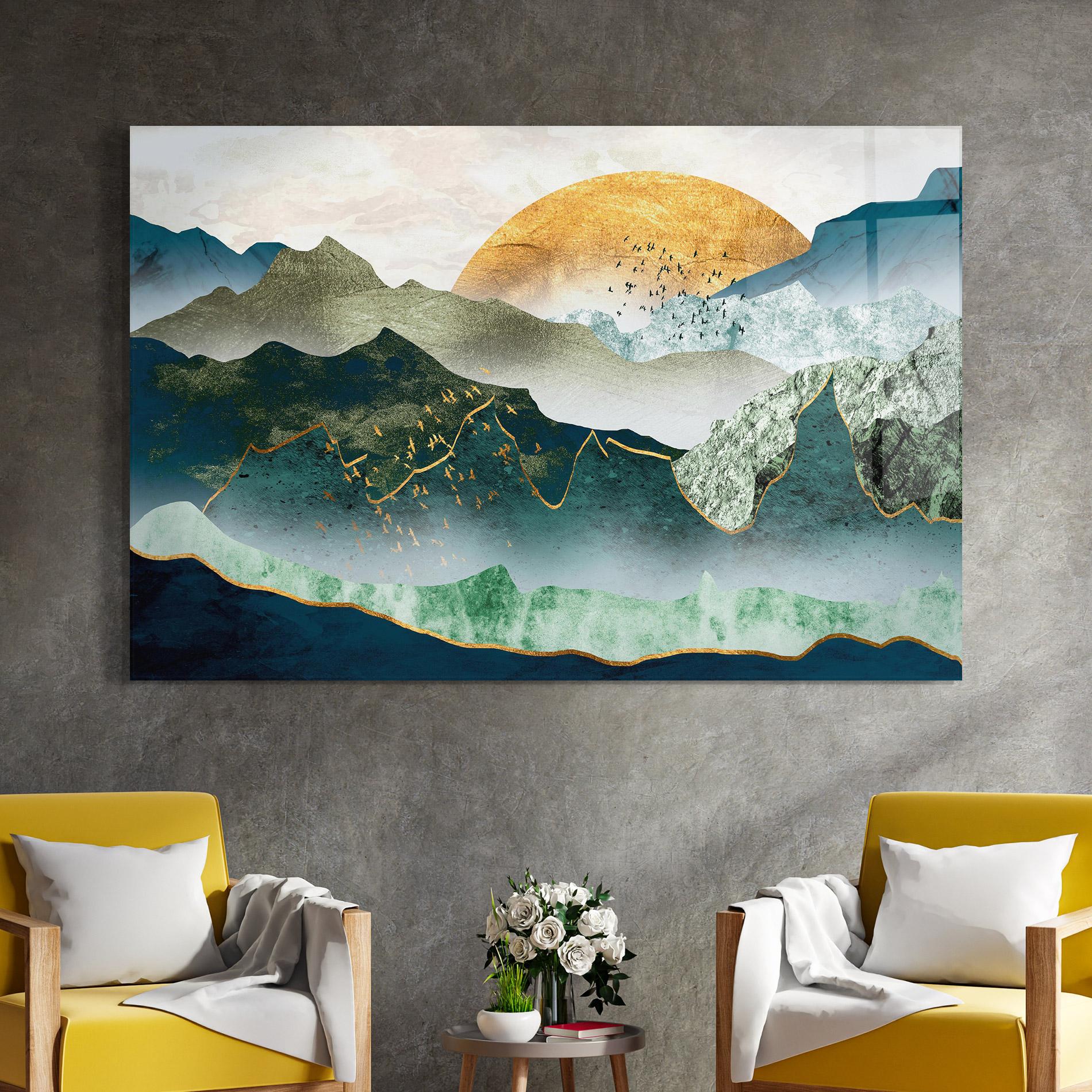 Glasbild Golden Mountains mockup 4