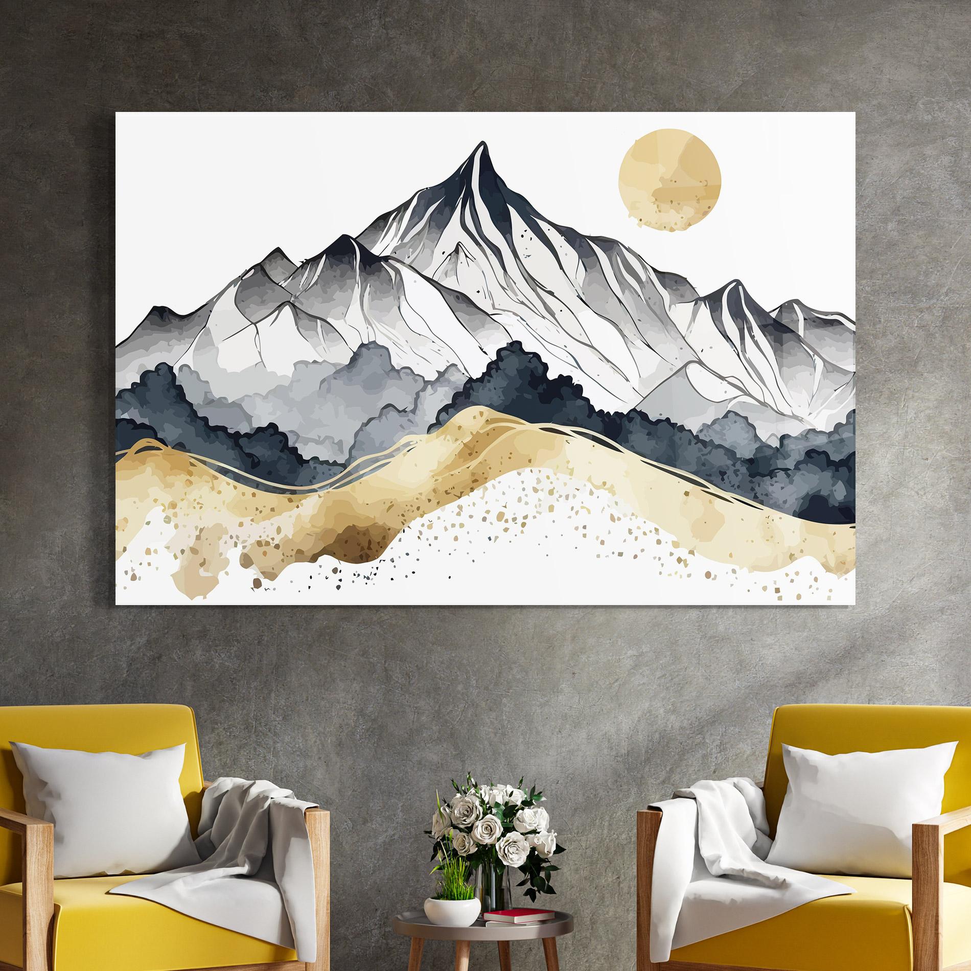 Glasbild Grey Gold Mountain mockup 4