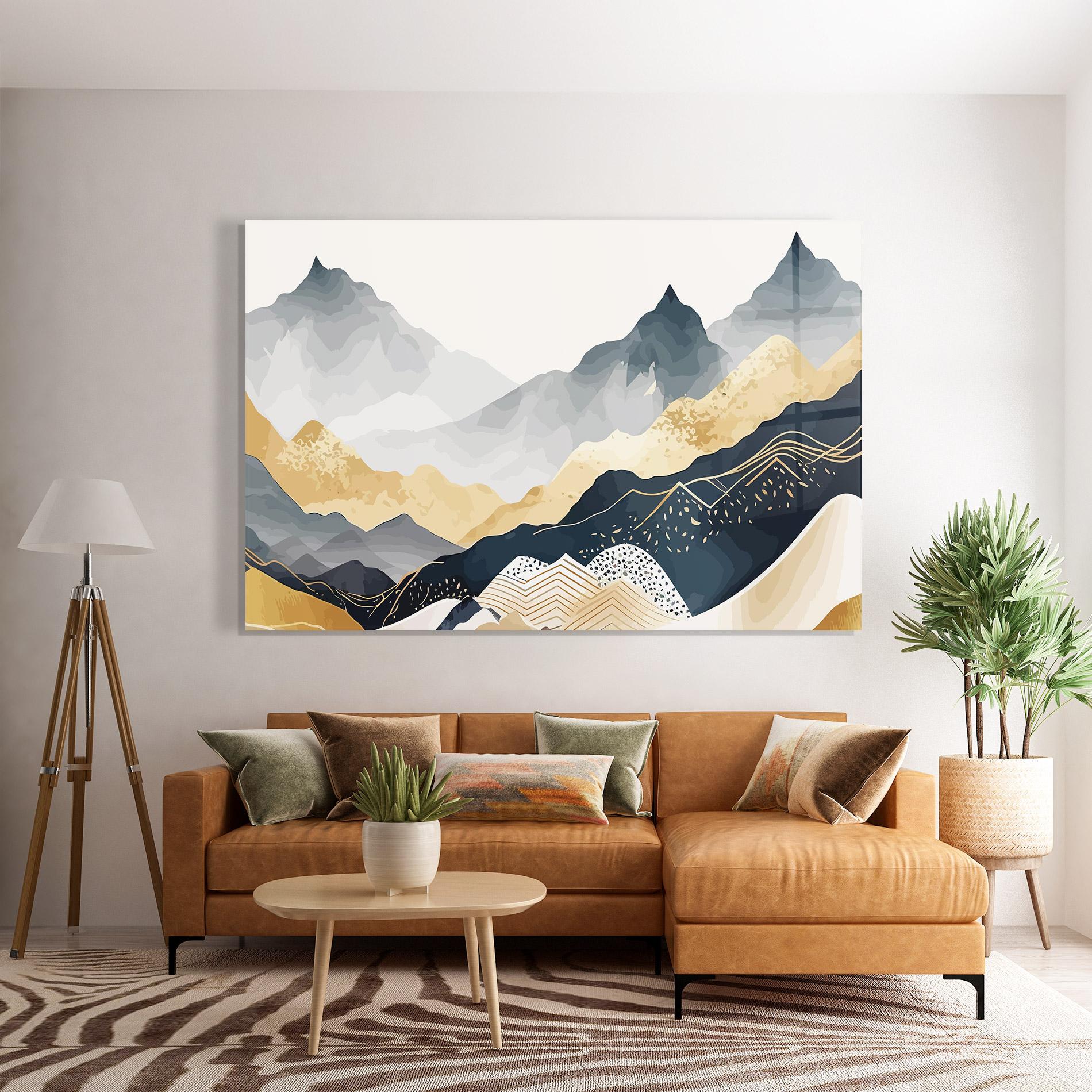 Glasbild Blue Gold Mountain mockup 7