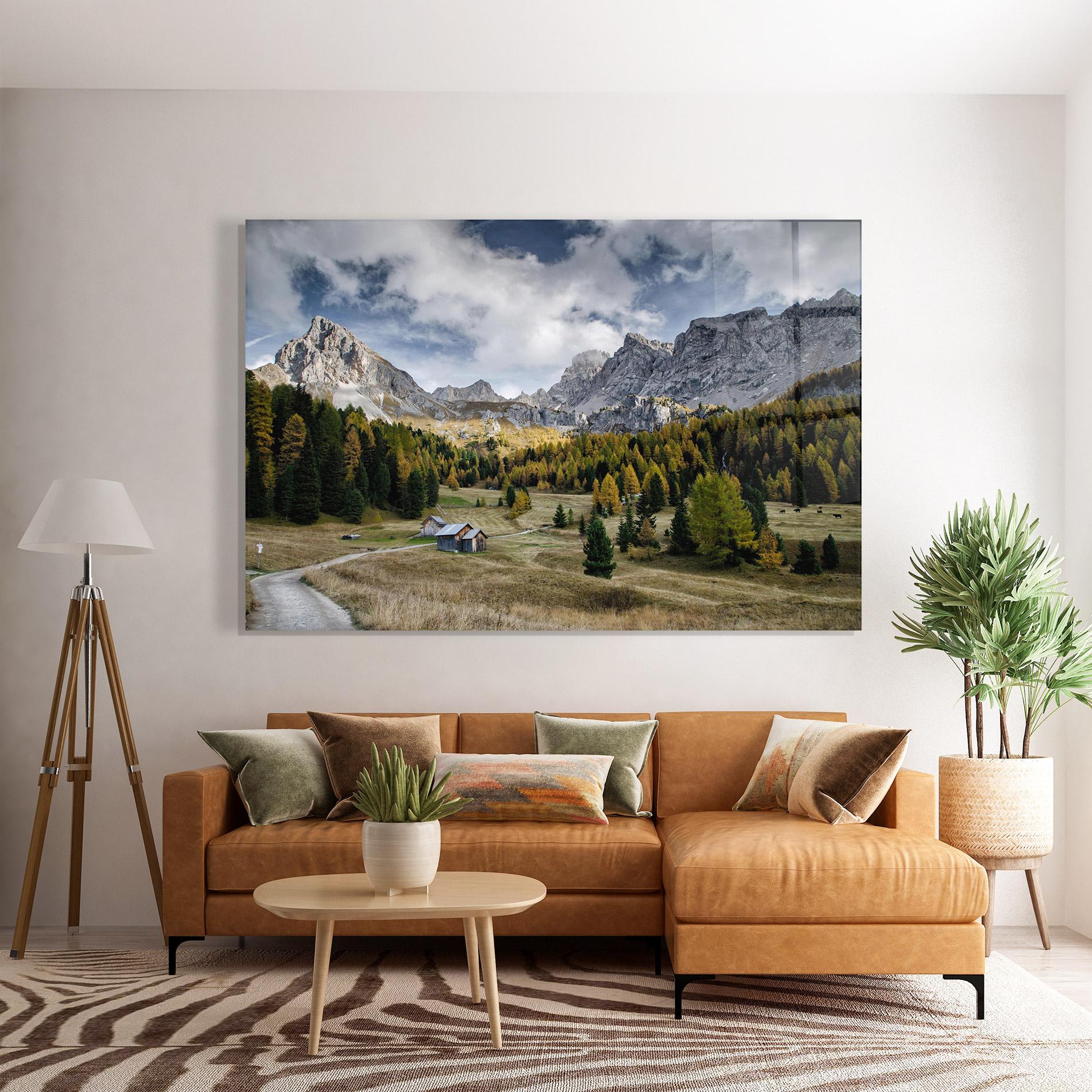 Glasbild Cloudy Mountains View mockup 7