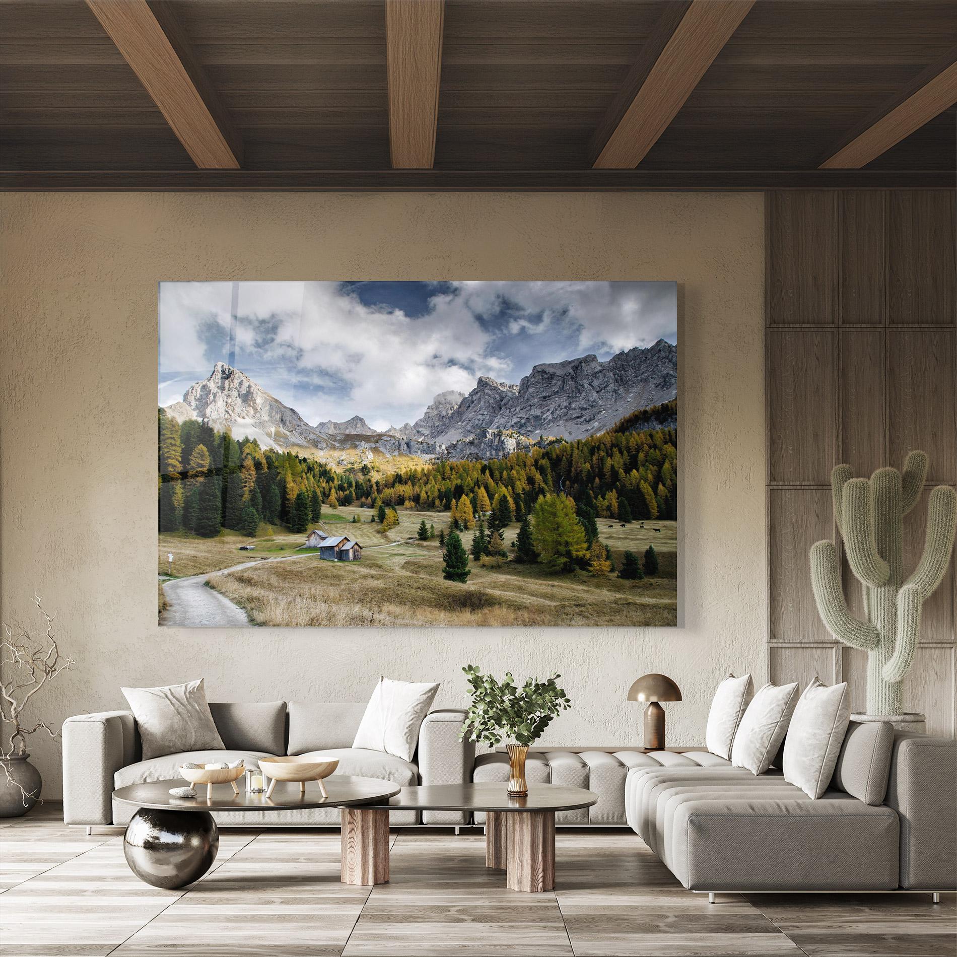 Glasbild Cloudy Mountains View mockup 8