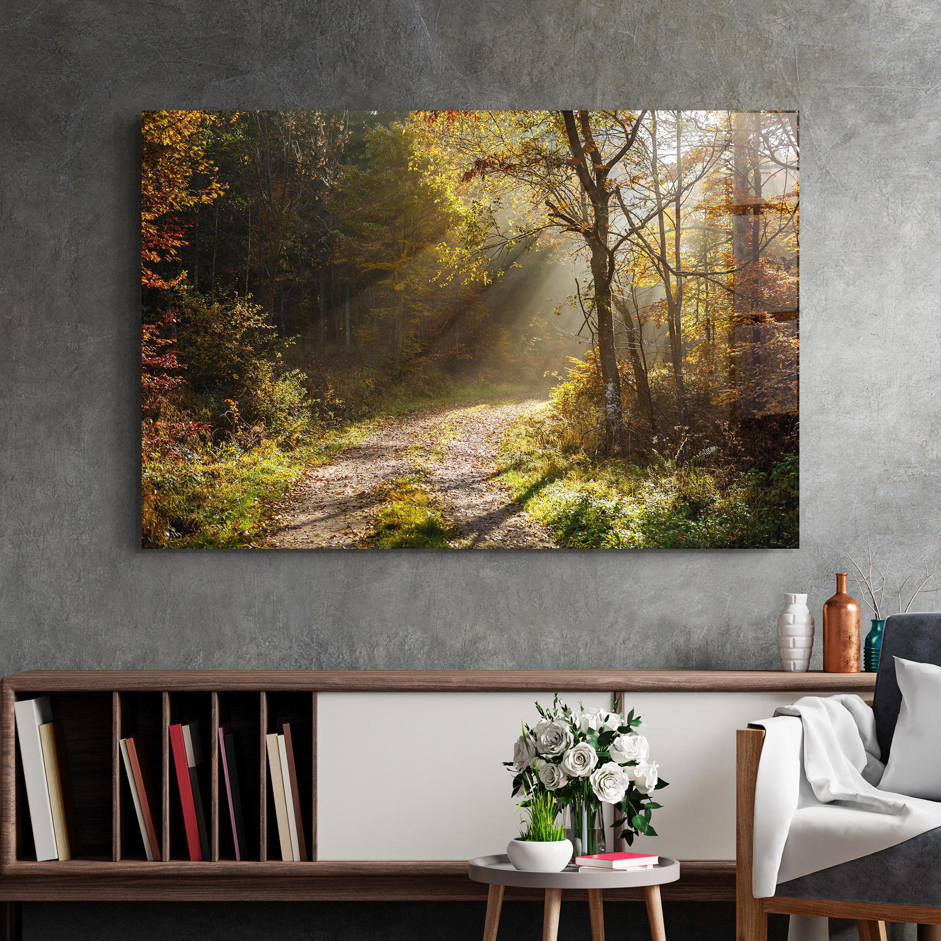 Glasbild Autumn Trees Sun mockup 2