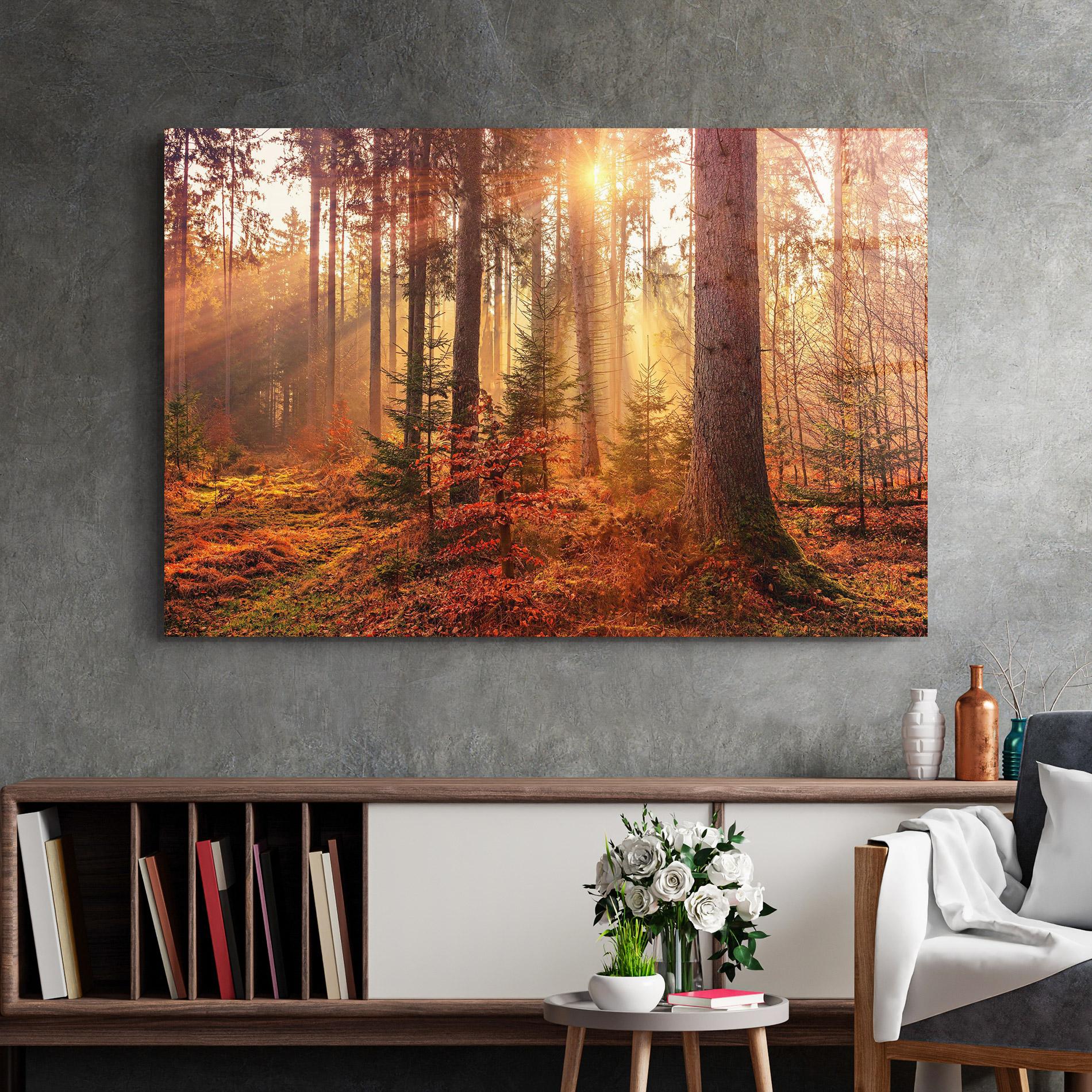 Glasbild Orange Light Forest mockup 2