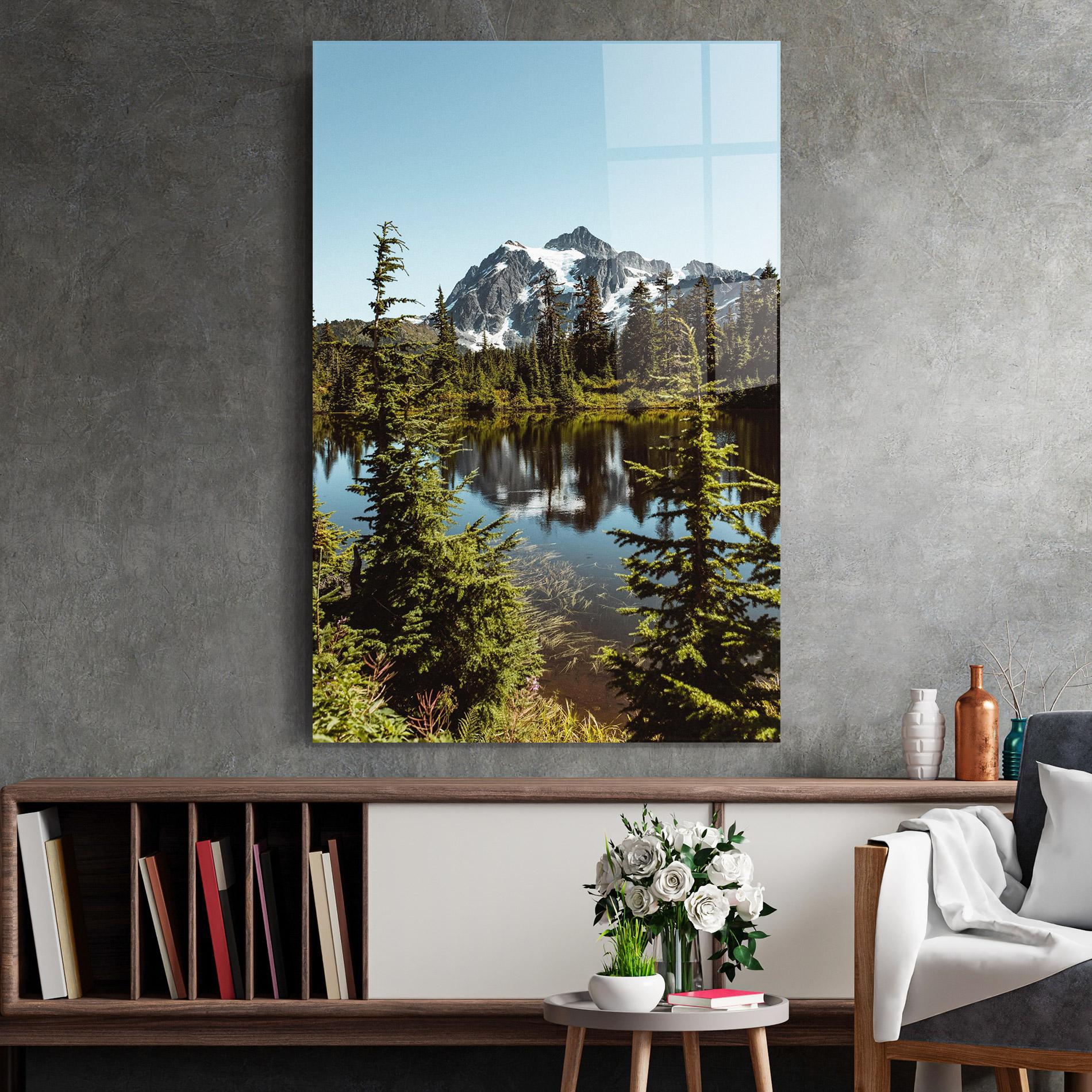 Glasbild Forest Snow Mountain mockup 2