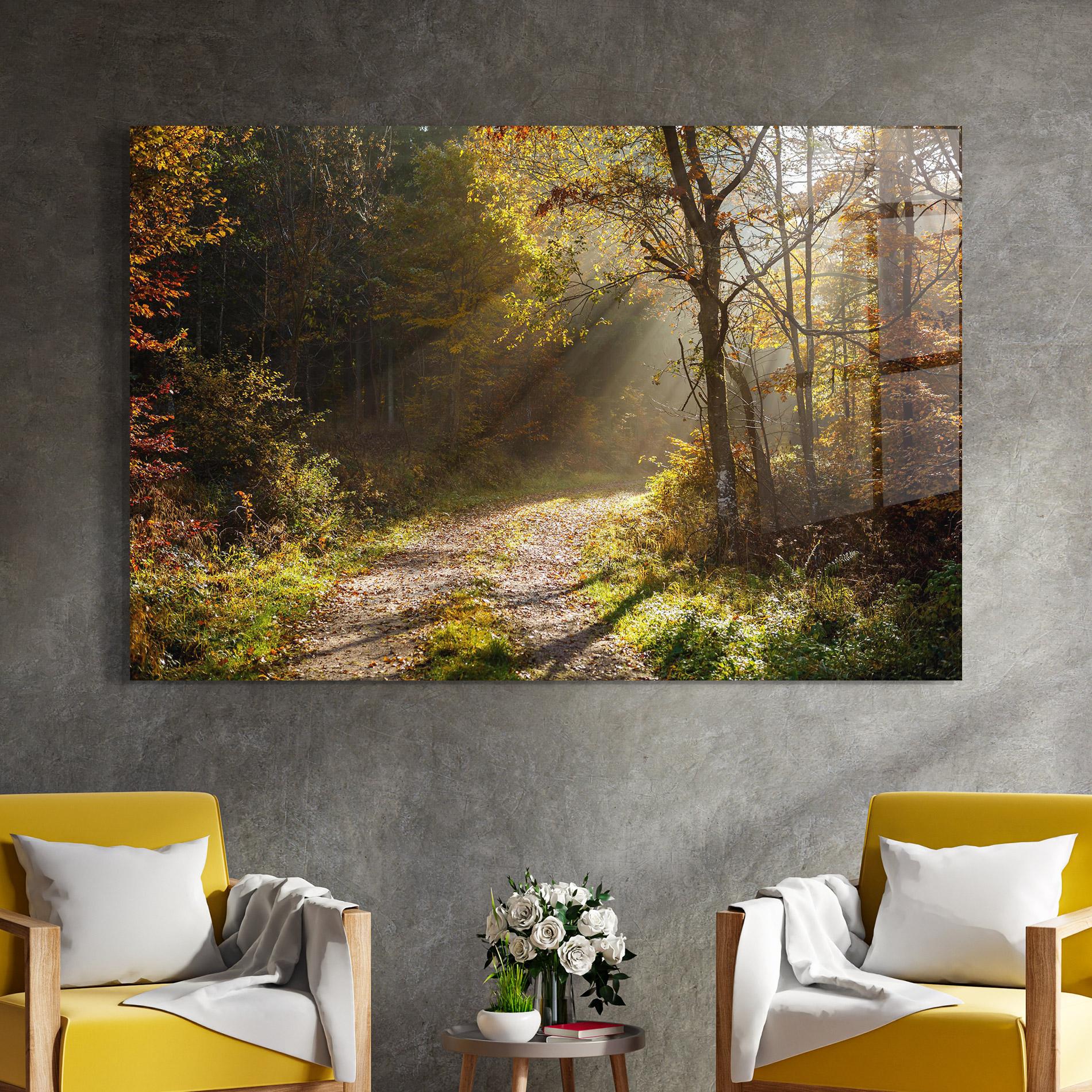 Glasbild Autumn Trees Sun mockup 4