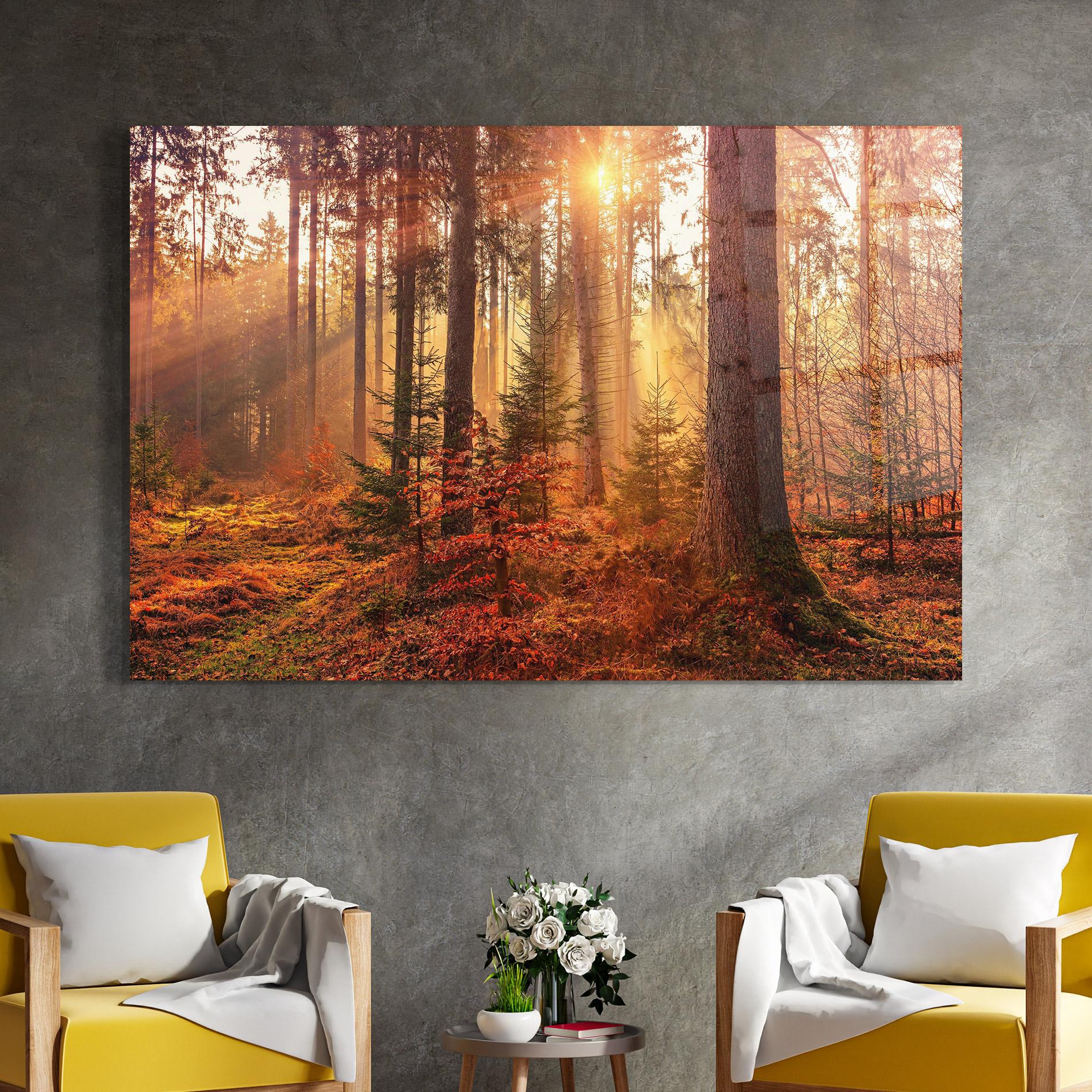Glasbild Orange Light Forest mockup 4