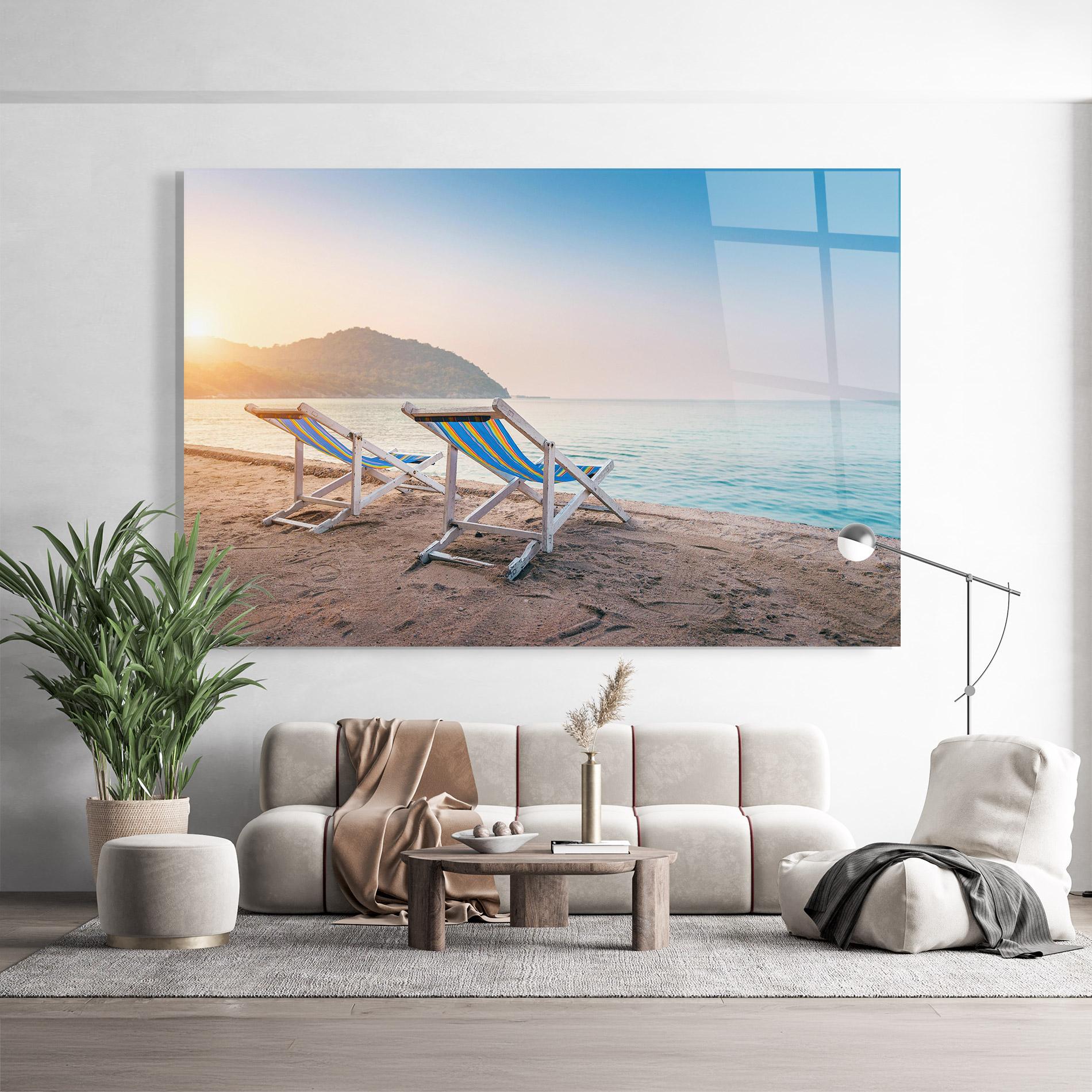 Glasbild Colorful Beach Chairs mockup 9