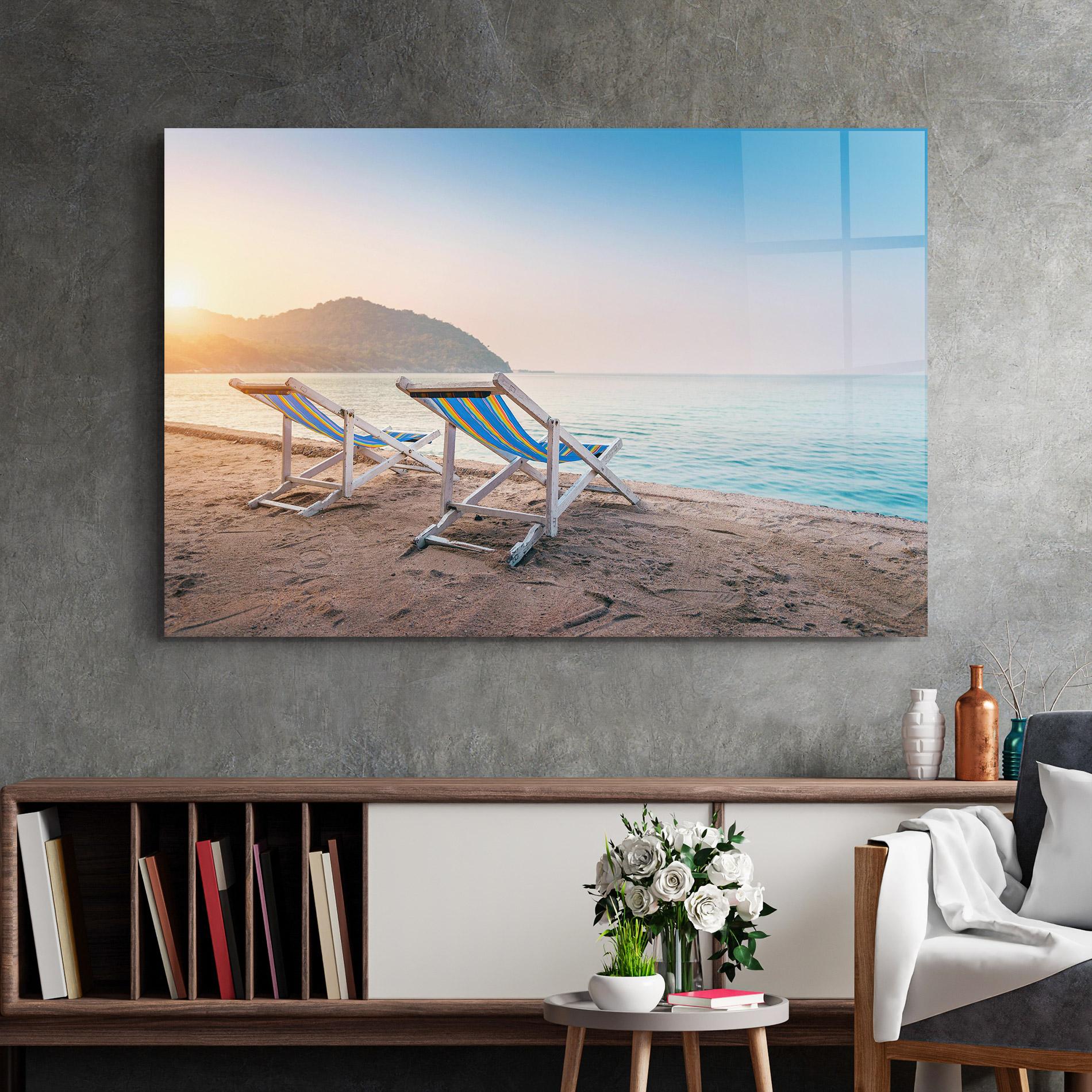 Glasbild Colorful Beach Chairs mockup 2