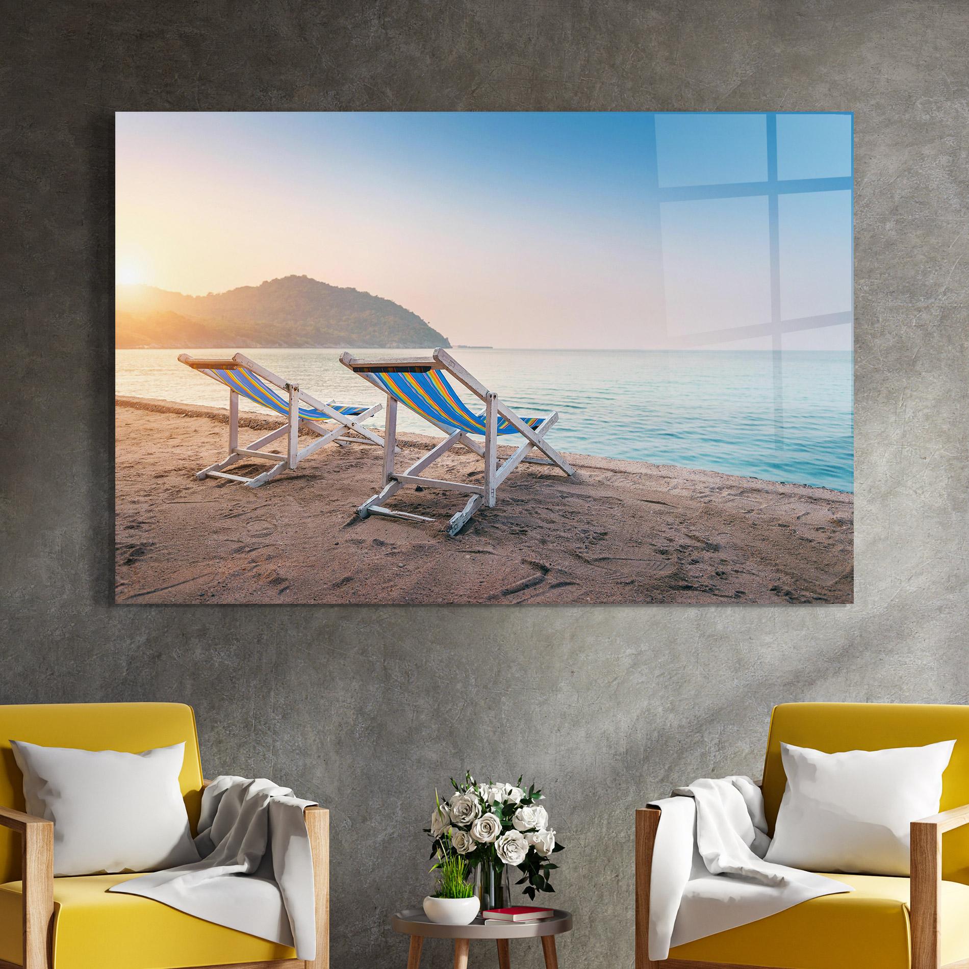 Glasbild Colorful Beach Chairs mockup 4