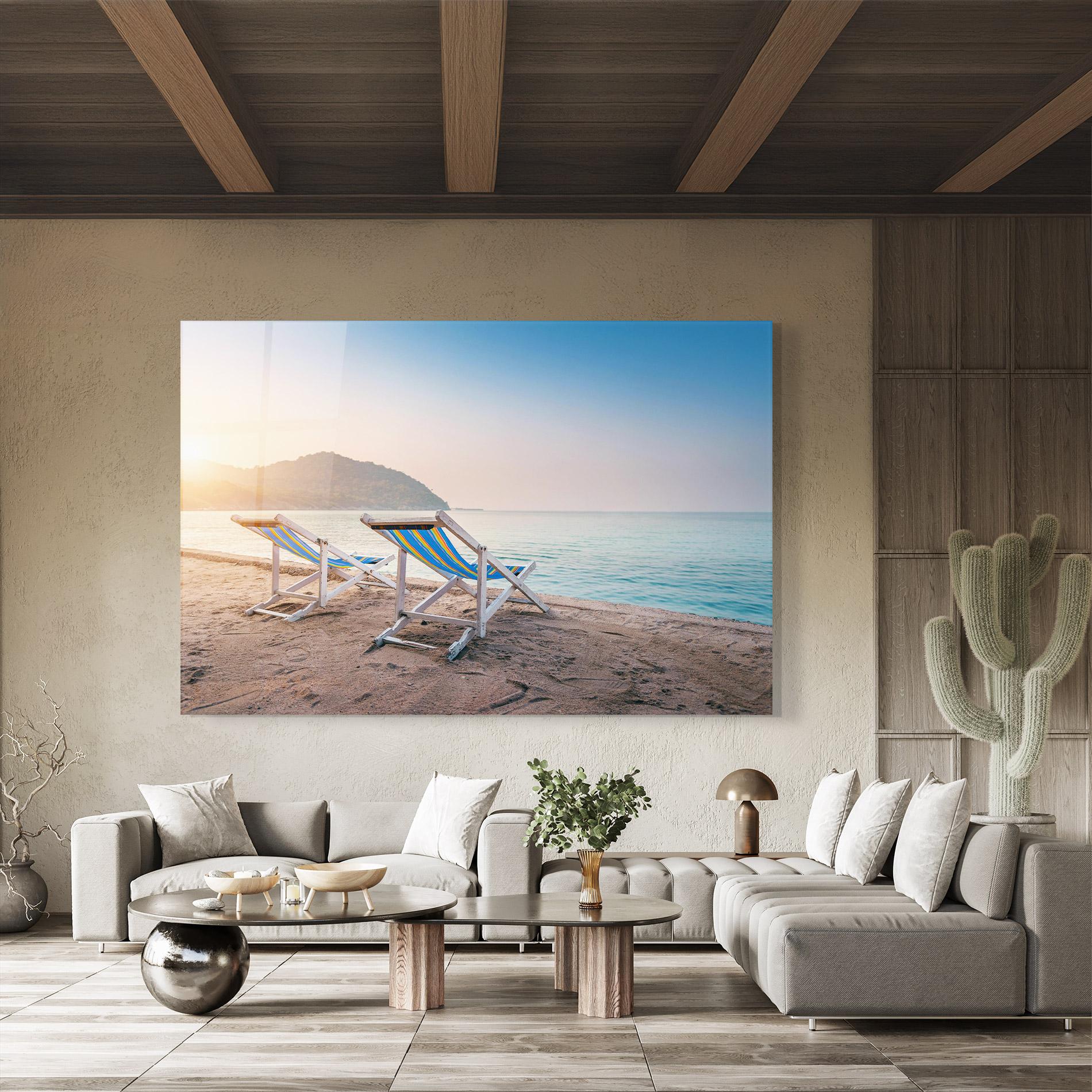 Glasbild Colorful Beach Chairs mockup 8