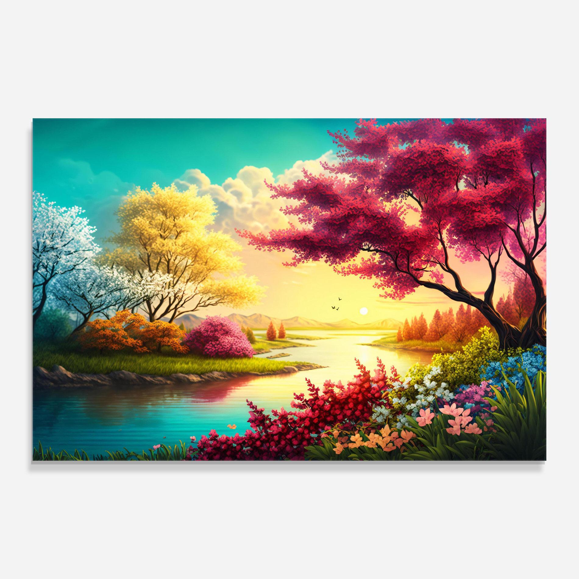 Glasbild Pink Yellow Trees mockup 0