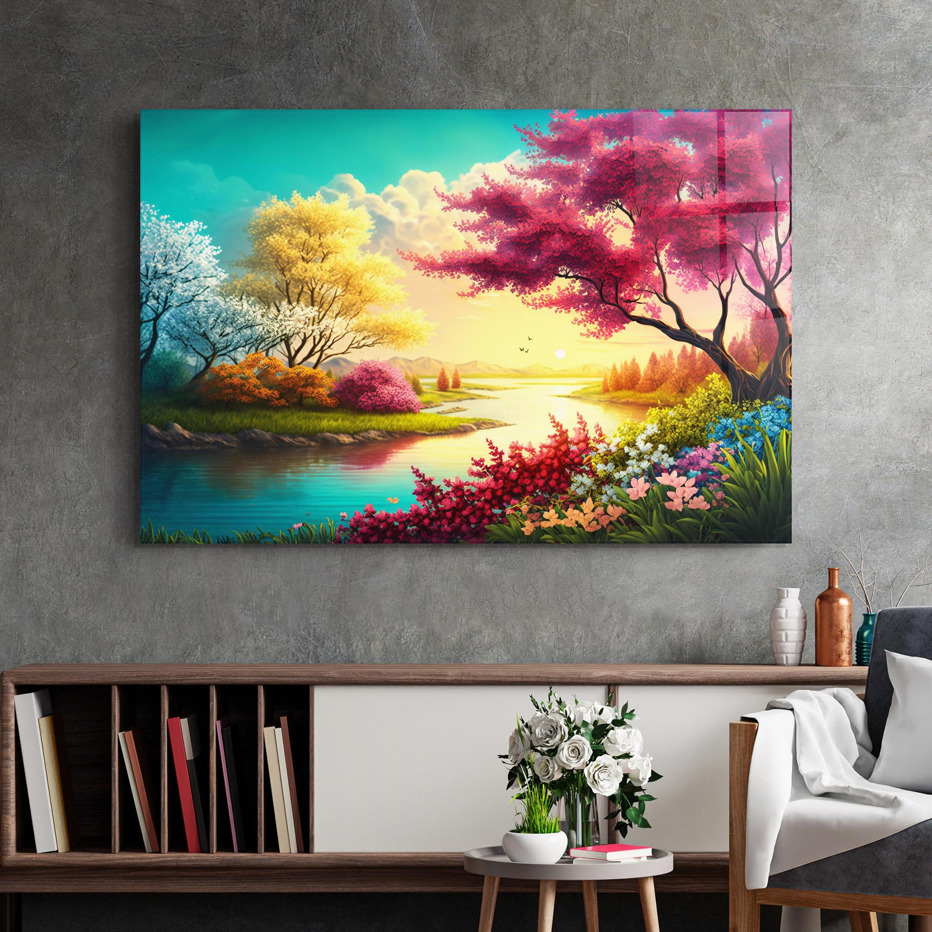 Glasbild Pink Yellow Trees mockup 2