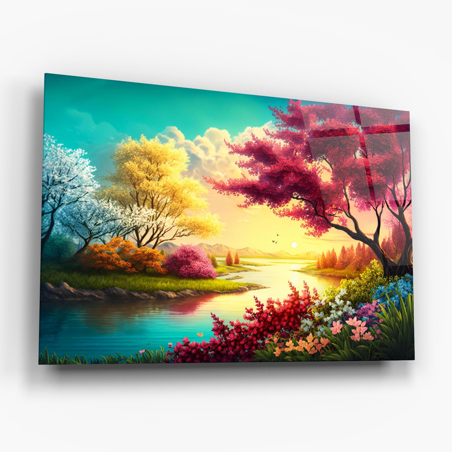 Glasbild Pink Yellow Trees mockup 6